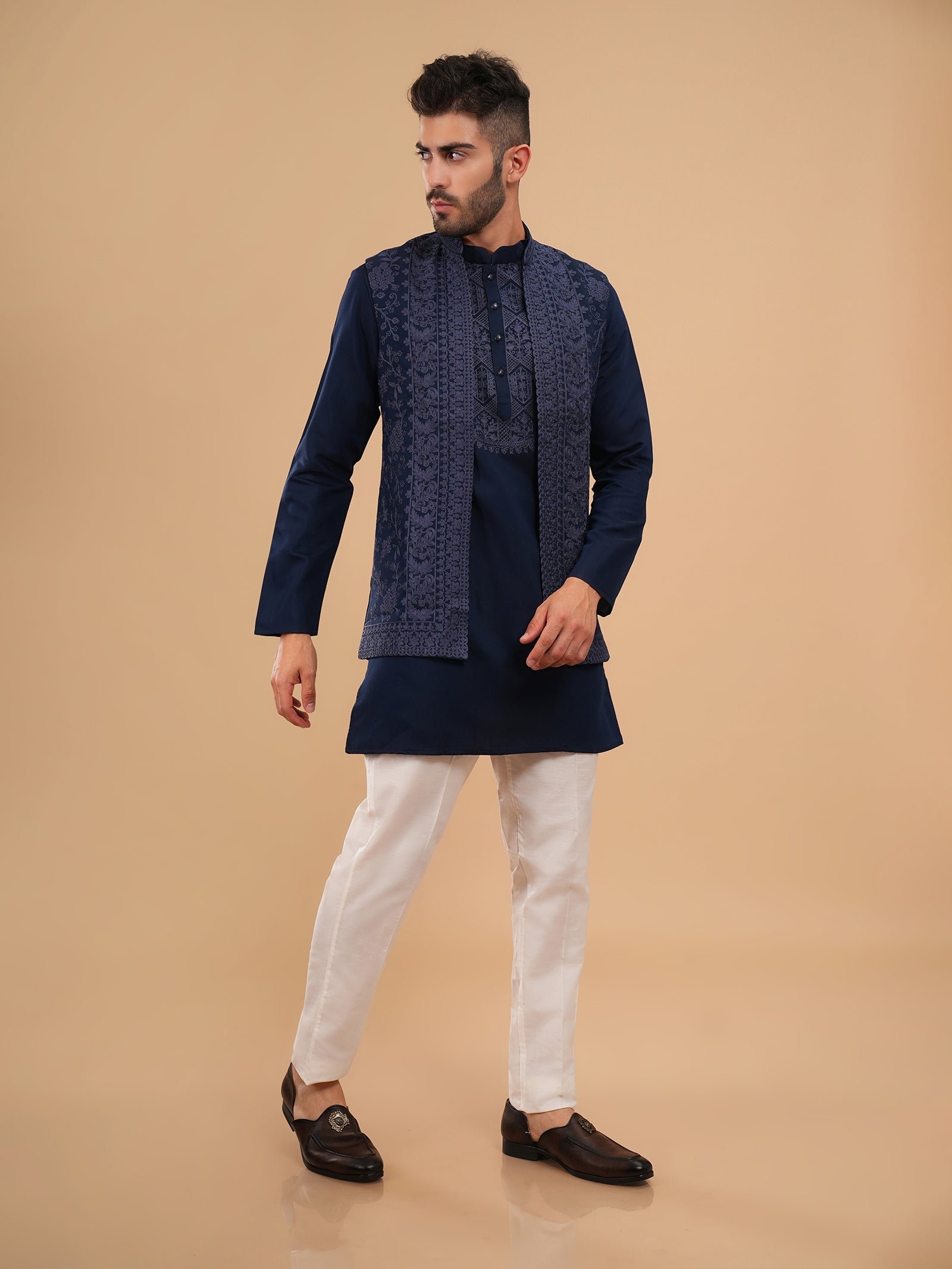 Midnight Navy Filigree Embroidered Kurta Jacket Set