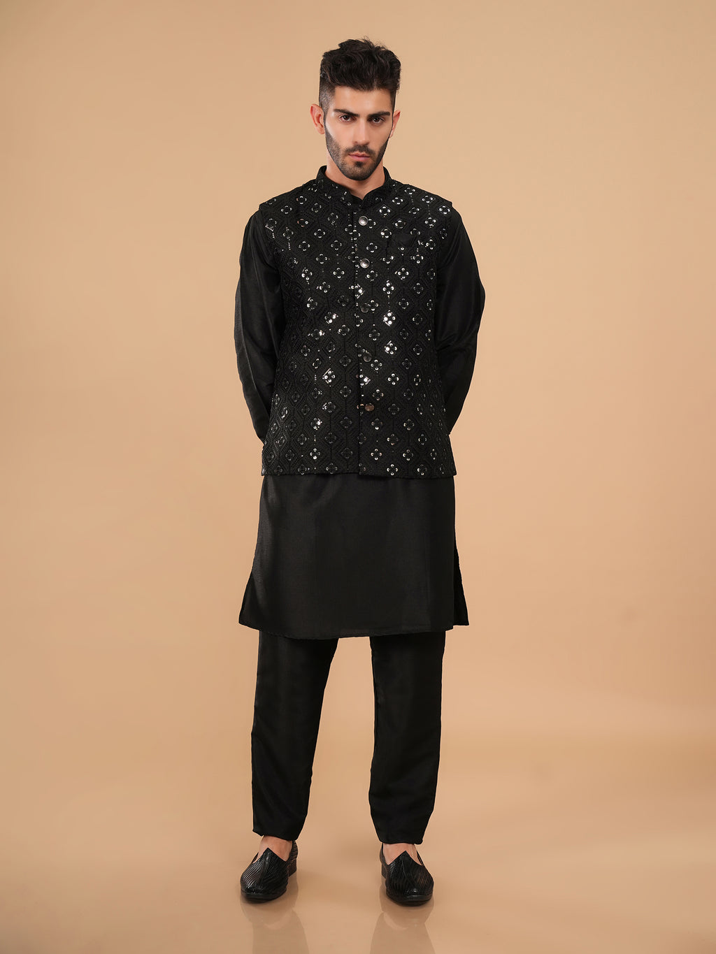 Midnight Onyx Mirror-Work Kurta Jacket Set