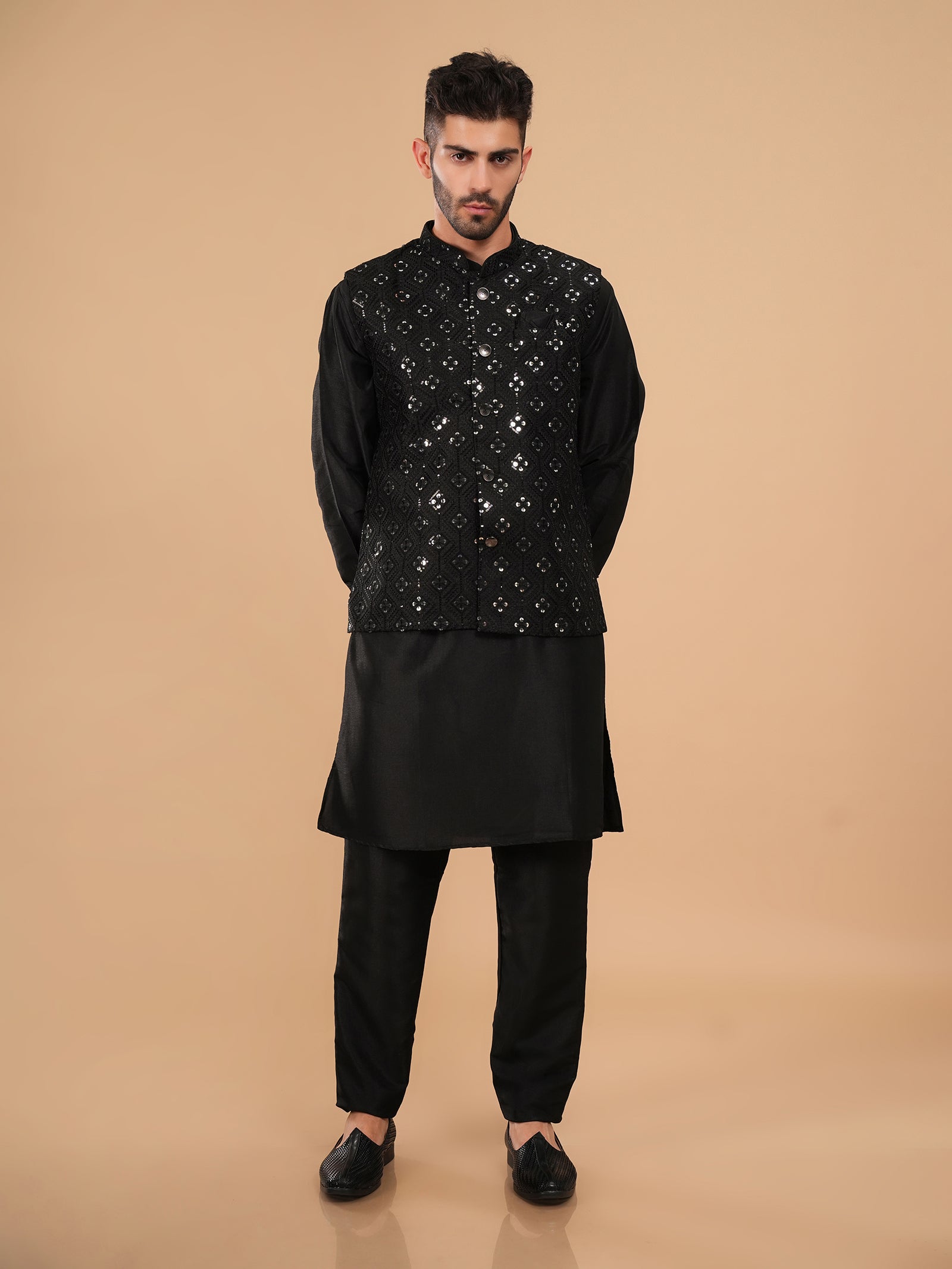 Midnight Onyx Mirror-Work Kurta Jacket Set