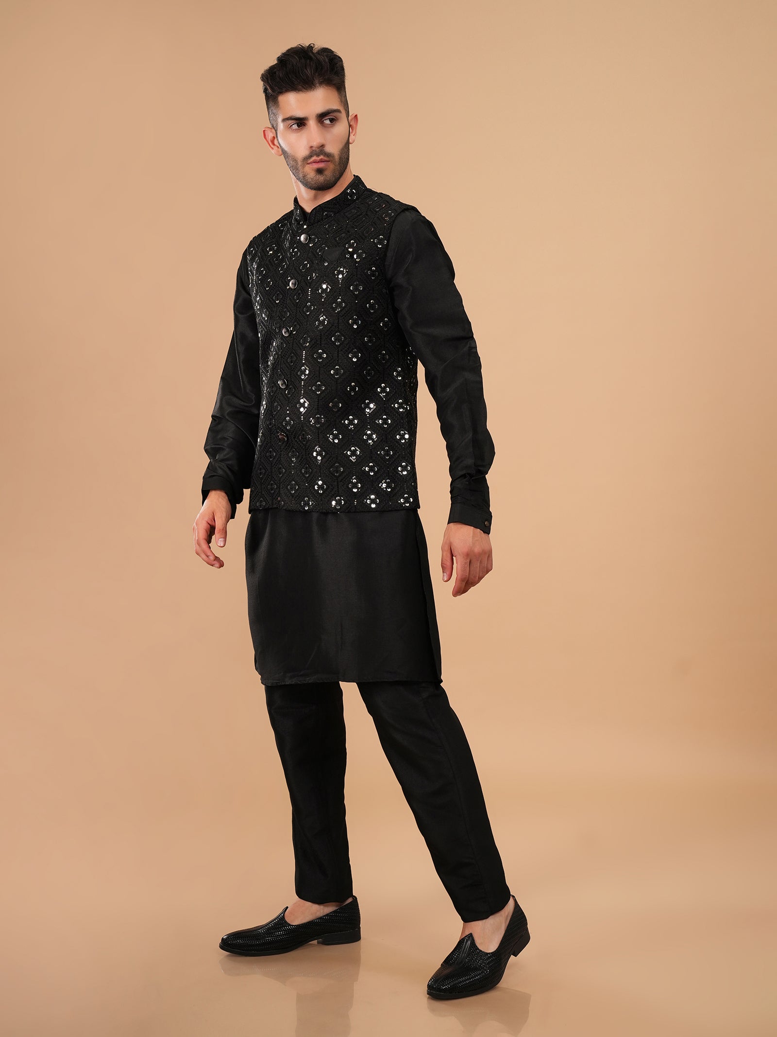 Midnight Onyx Mirror-Work Kurta Jacket Set