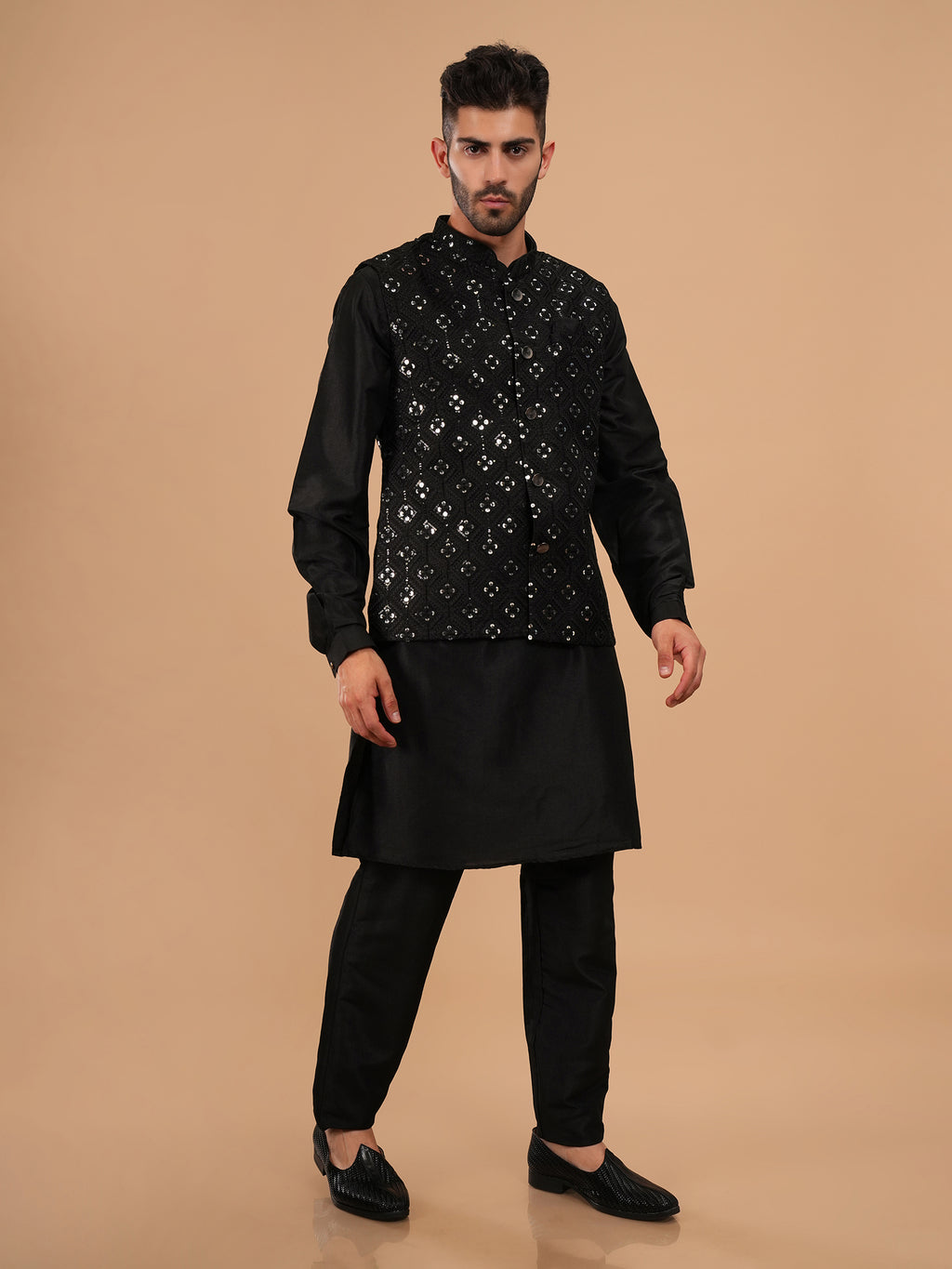 Midnight Onyx Mirror-Work Kurta Jacket Set