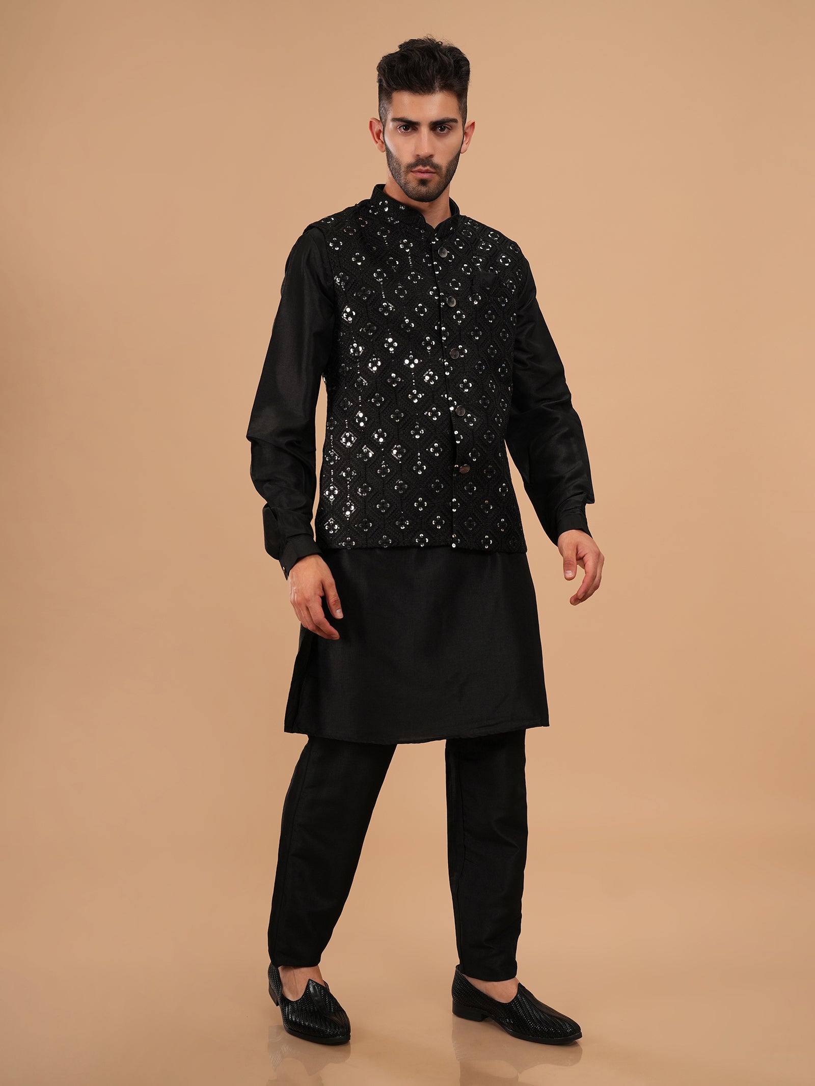 Midnight Onyx Mirror-Work Kurta Jacket Set