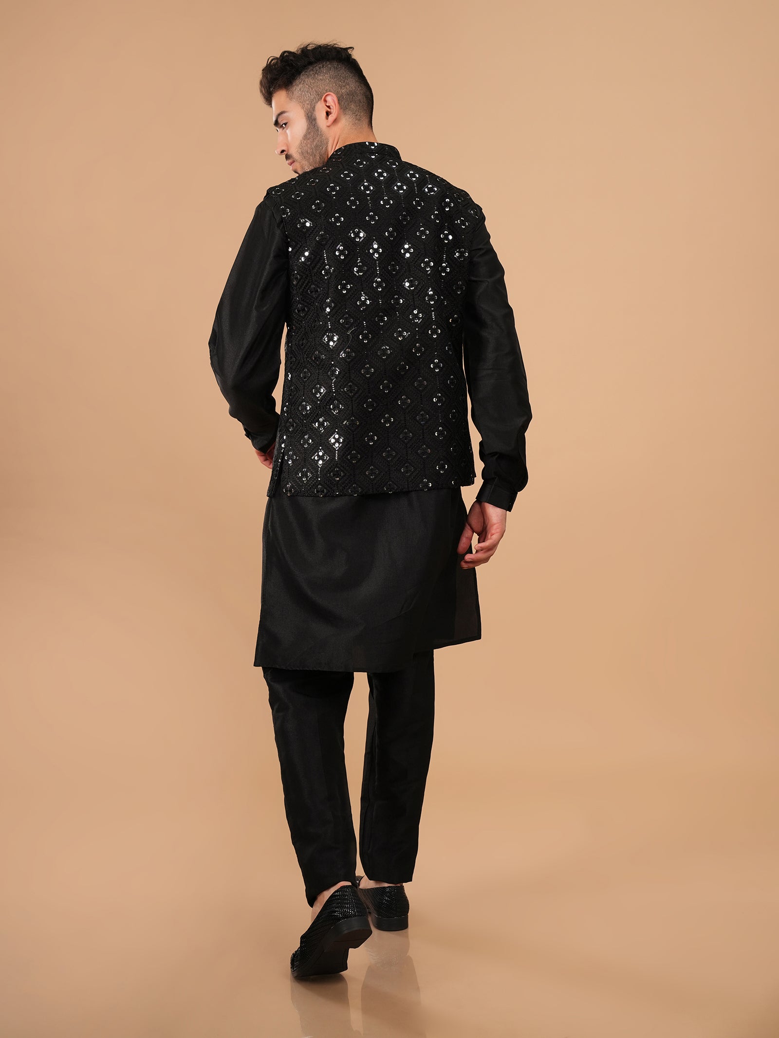 Midnight Onyx Mirror-Work Kurta Jacket Set