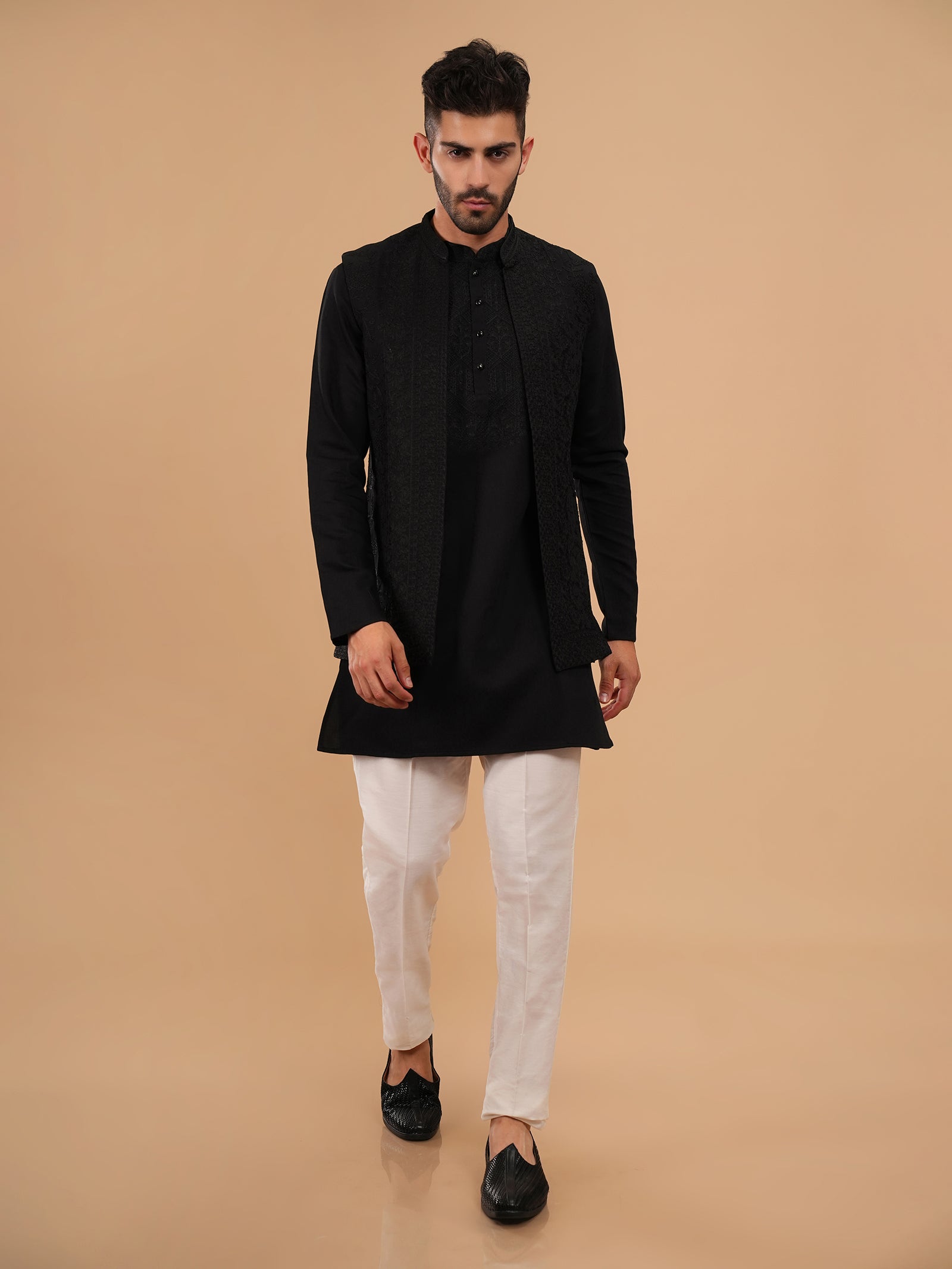 Jet Black Filigree Textured Kurta Jacket Set