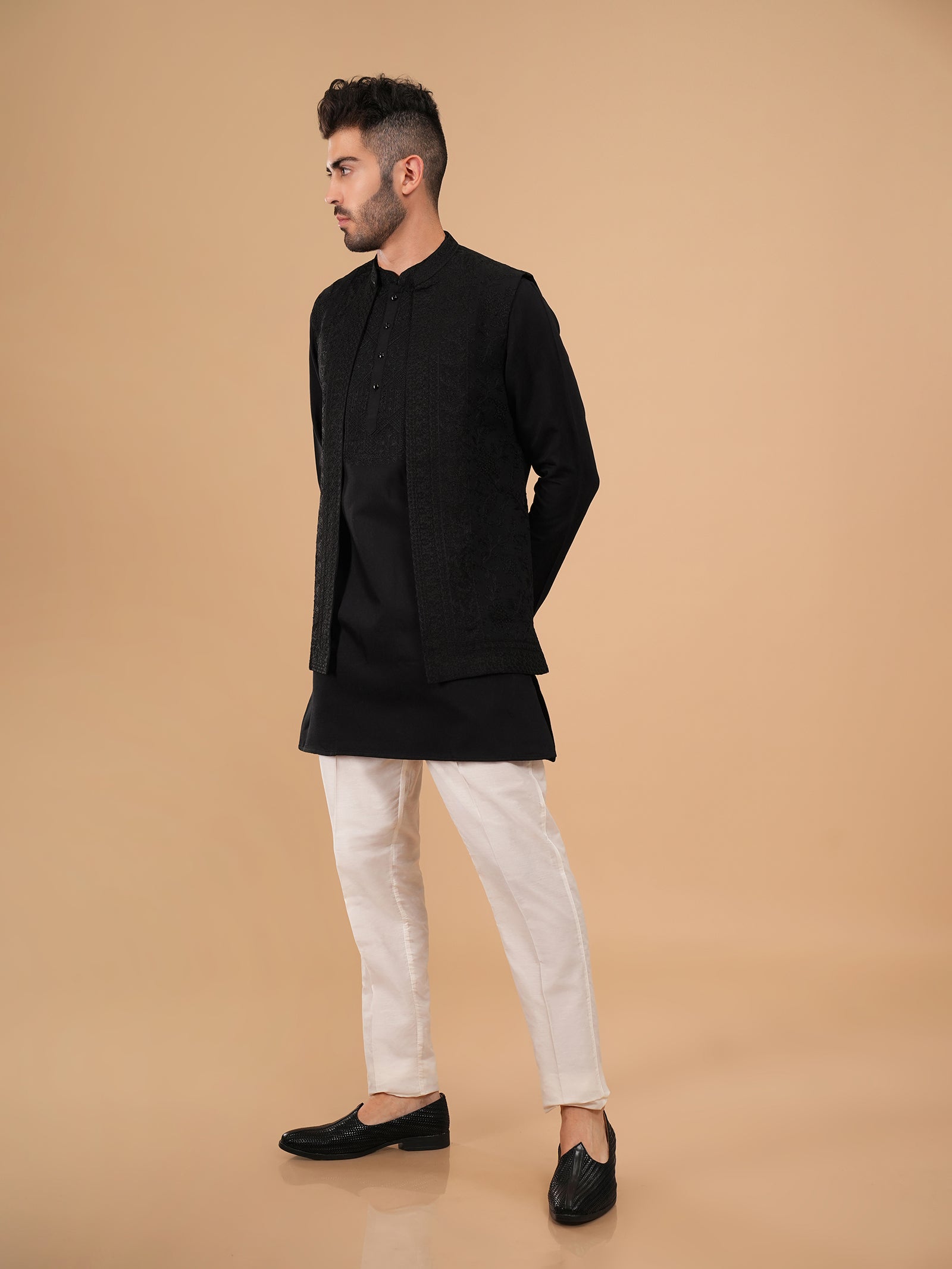 Jet Black Filigree Textured Kurta Jacket Set