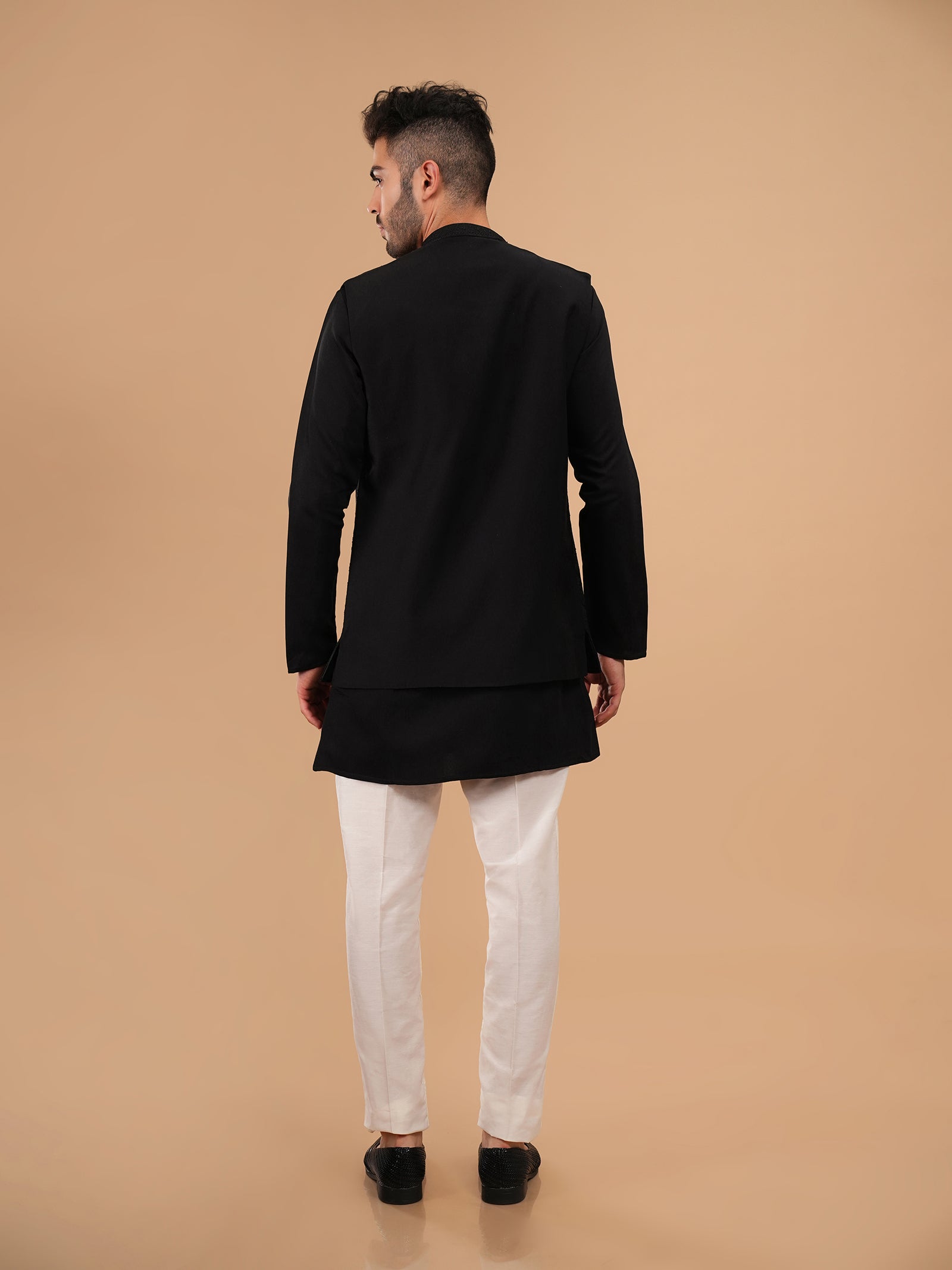 Jet Black Filigree Textured Kurta Jacket Set