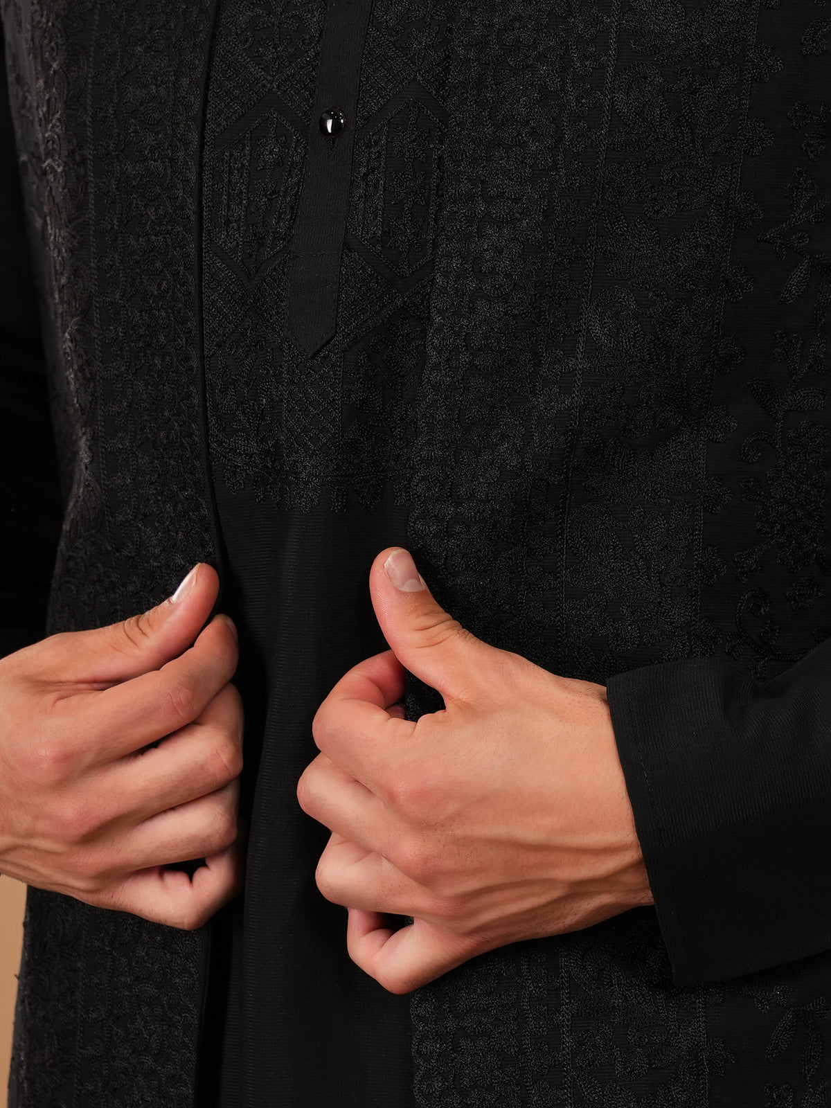Jet Black Filigree Textured Kurta Jacket Set