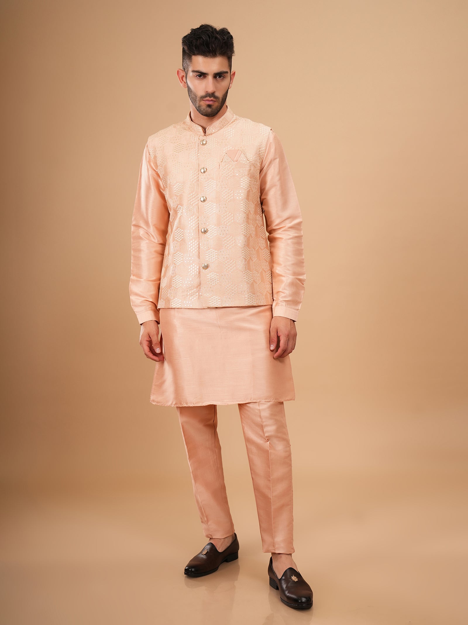 Peach Geometric Jacket Set