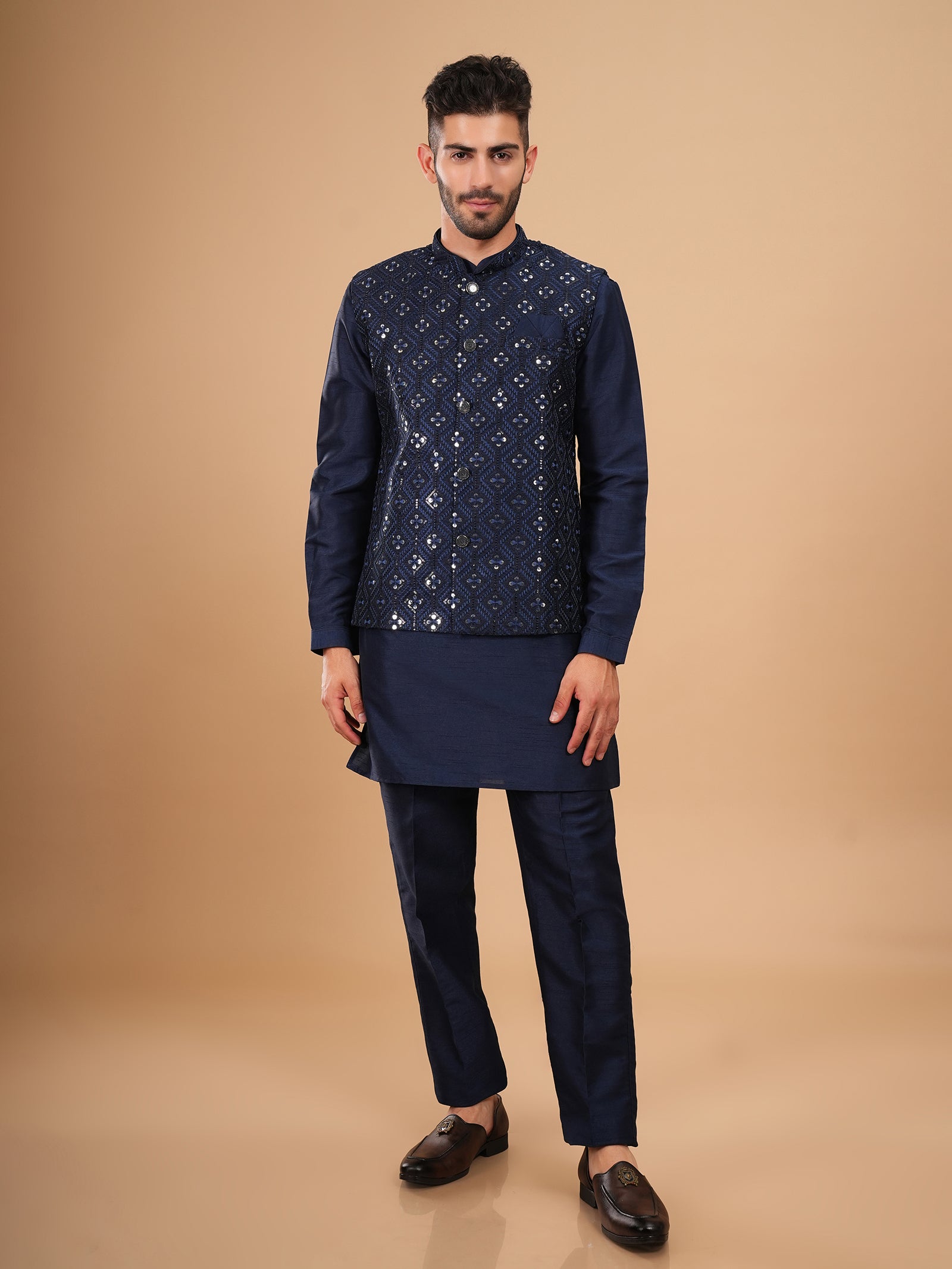 Midnight Navy Mirror Embroidered Kurta Jacket Set