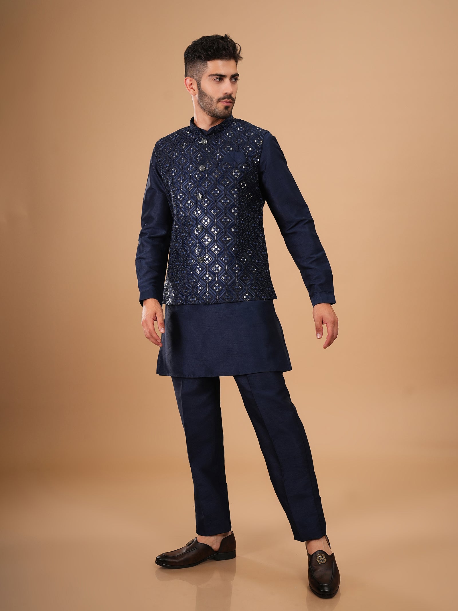 Midnight Navy Mirror Embroidered Kurta Jacket Set