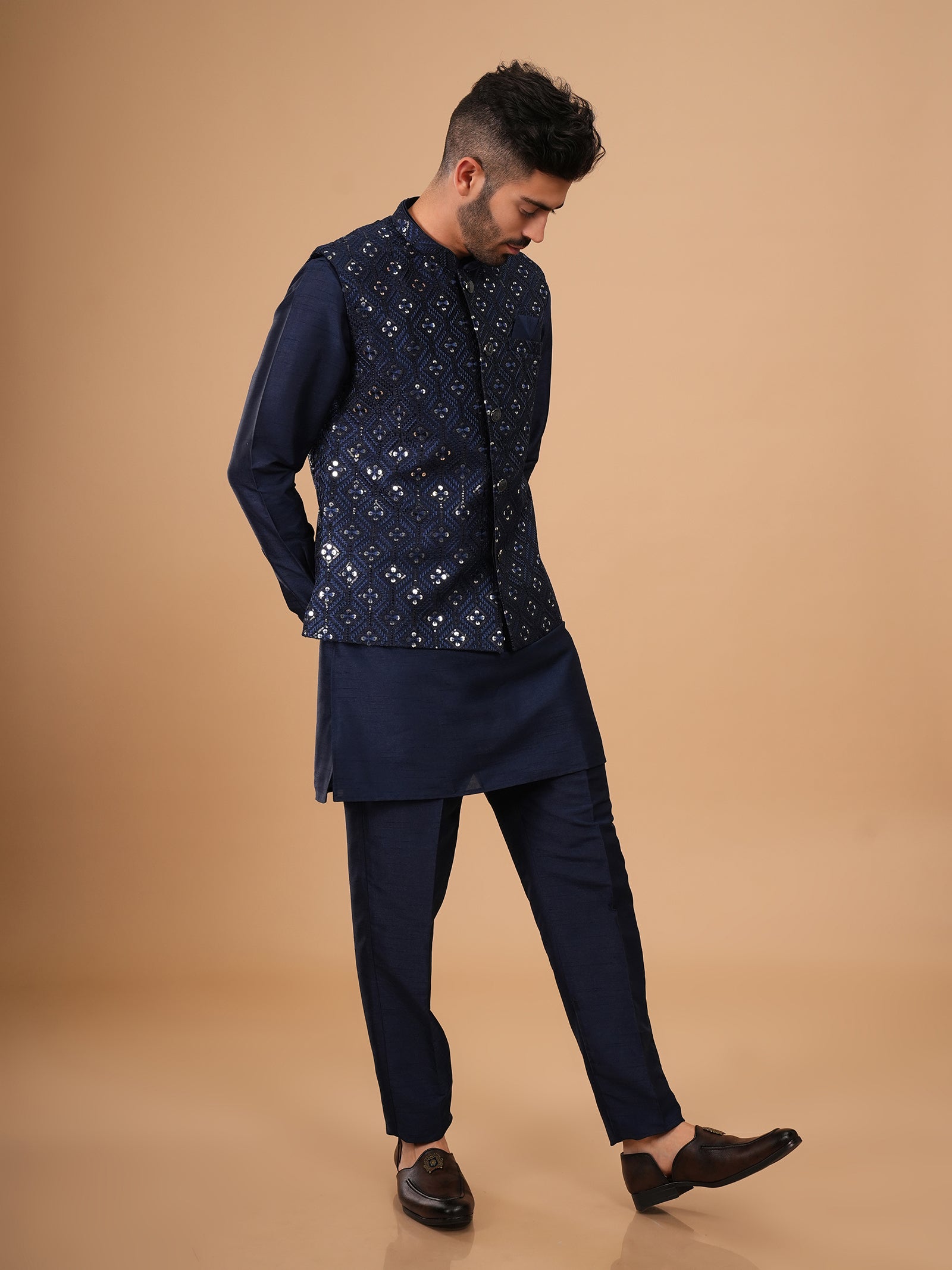 Midnight Navy Mirror Embroidered Kurta Jacket Set