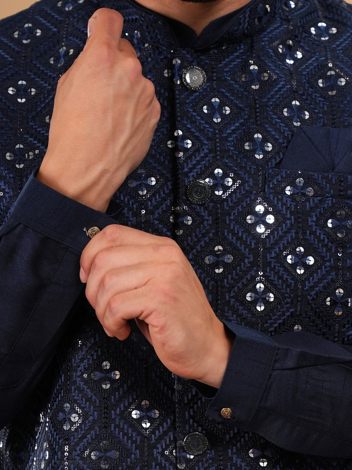Midnight Navy Mirror Embroidered Kurta Jacket Set