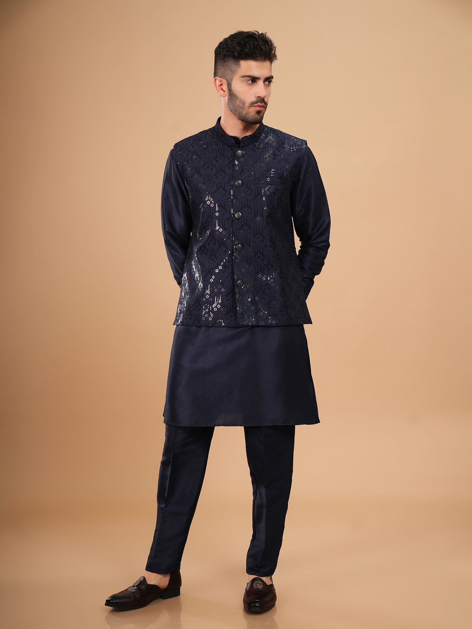 Midnight Navy Sequin Geometric Kurta Jacket Set