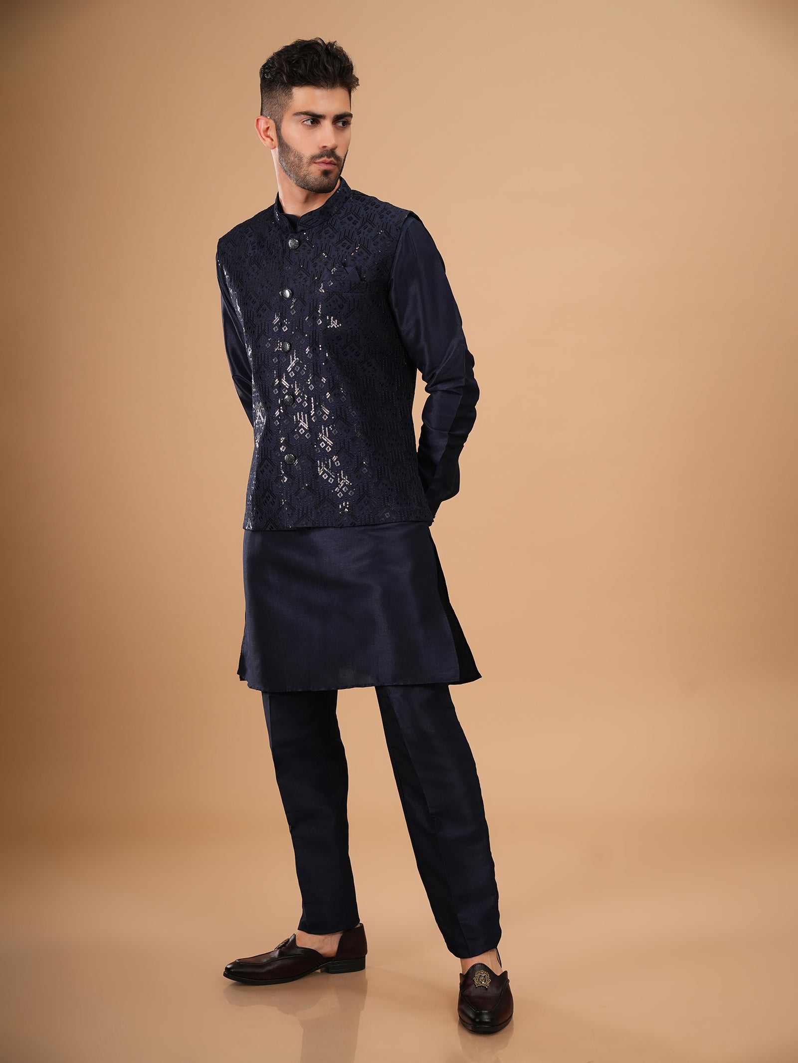 Midnight Navy Sequin Geometric Kurta Jacket Set