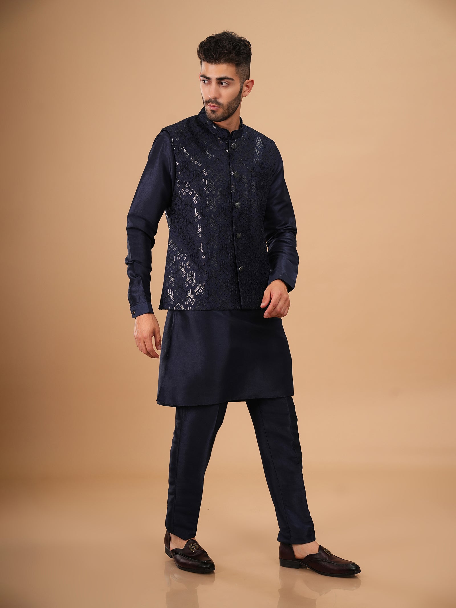 Midnight Navy Sequin Geometric Kurta Jacket Set