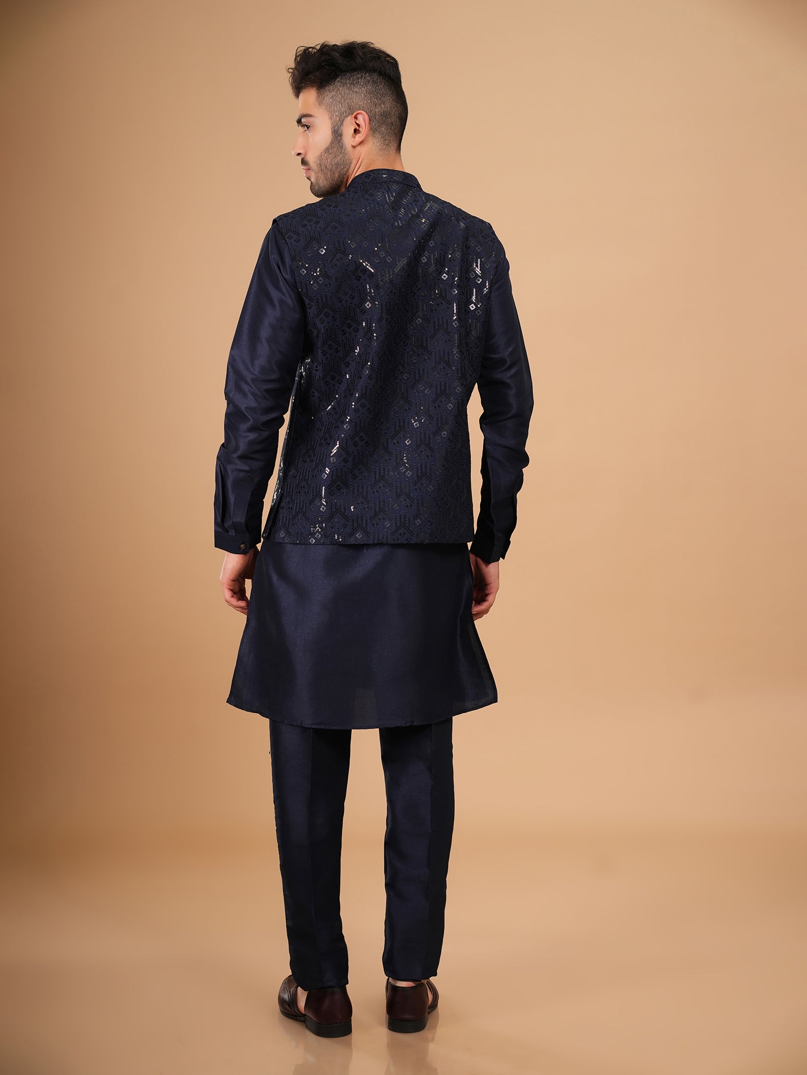 Midnight Navy Sequin Geometric Kurta Jacket Set