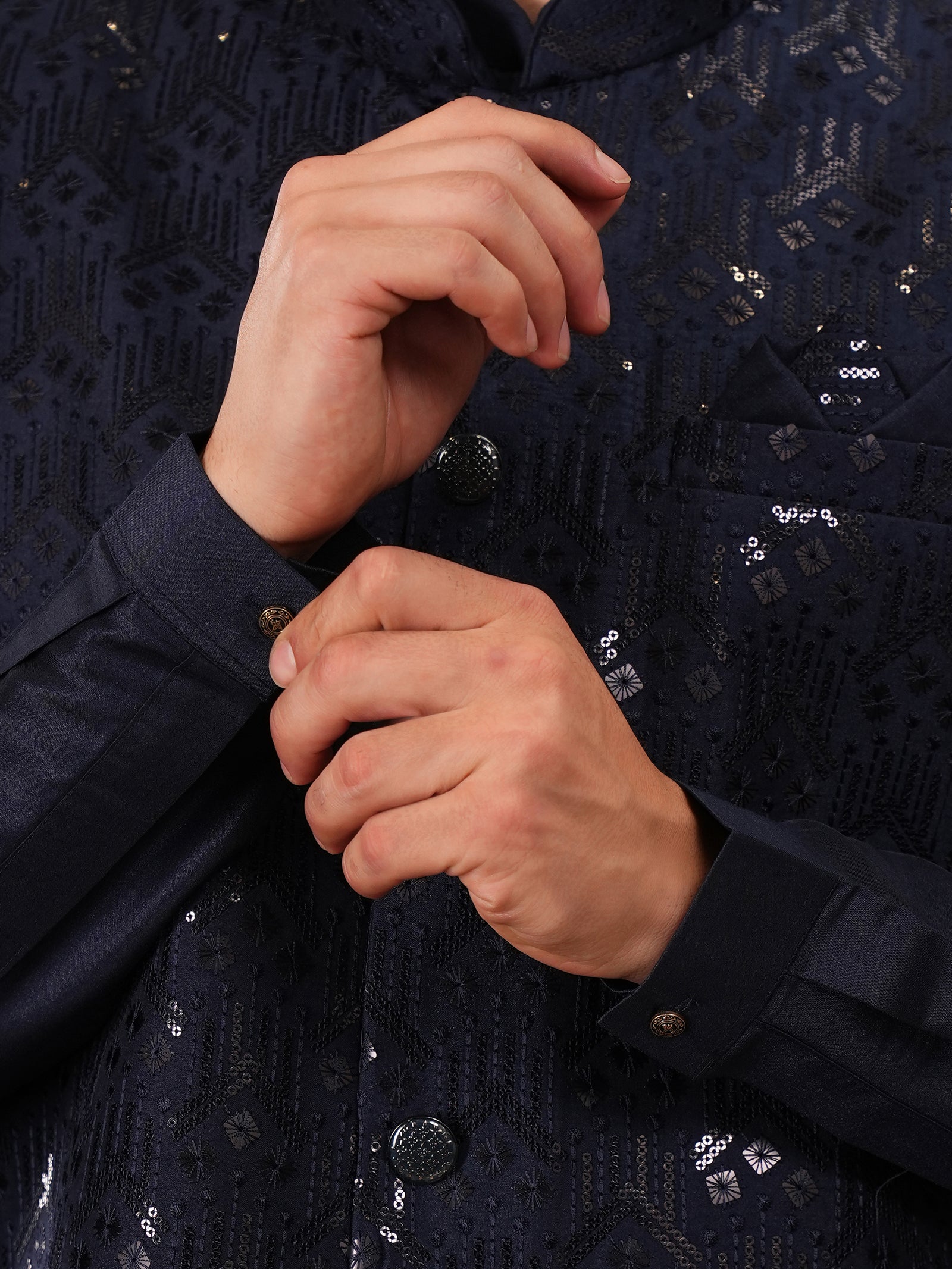 Midnight Navy Sequin Geometric Kurta Jacket Set