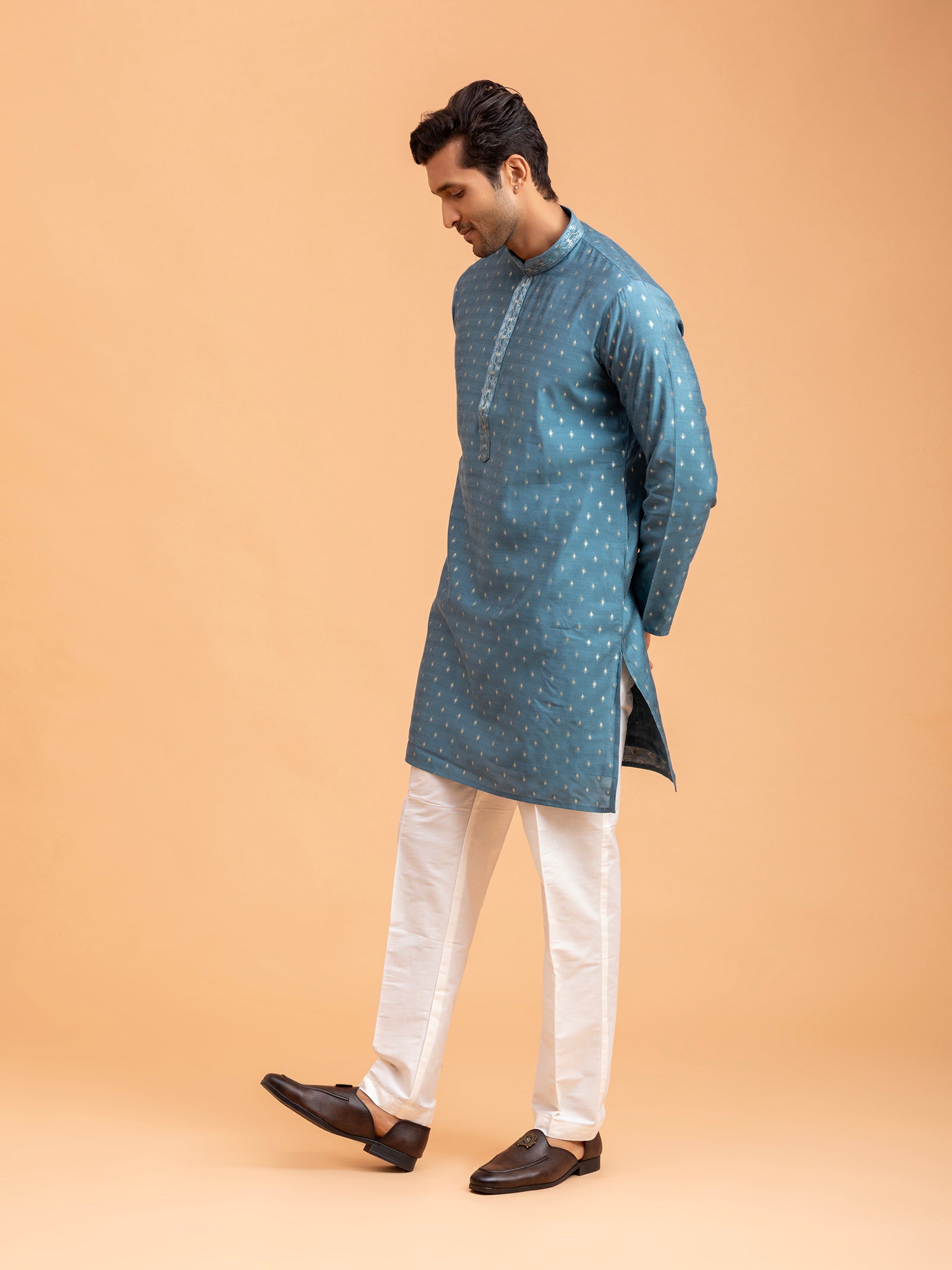 Azure Diamond-Motif Brocade Kurta Set