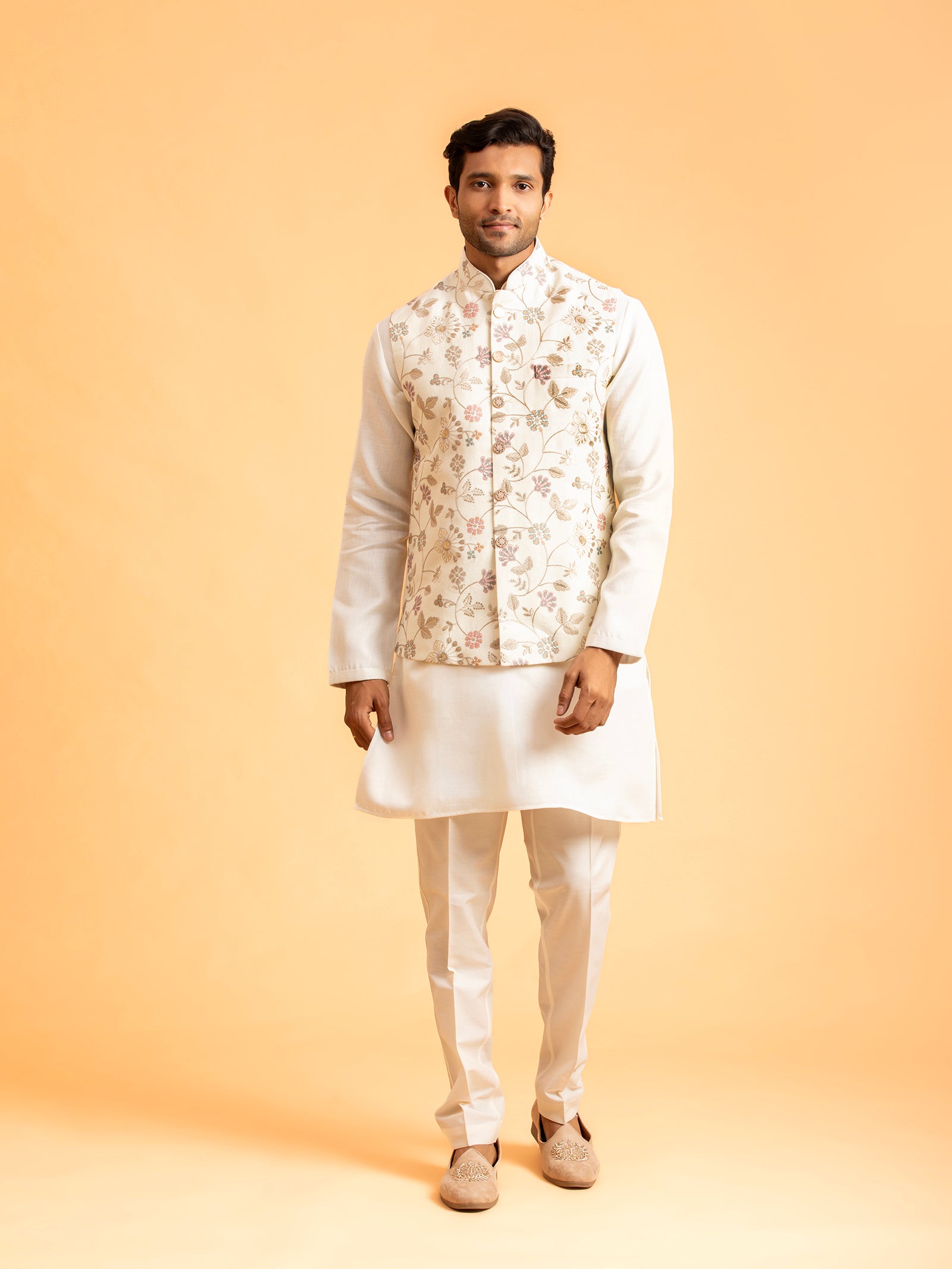 Ivory Floral Embroidered Nehru Jacket Set