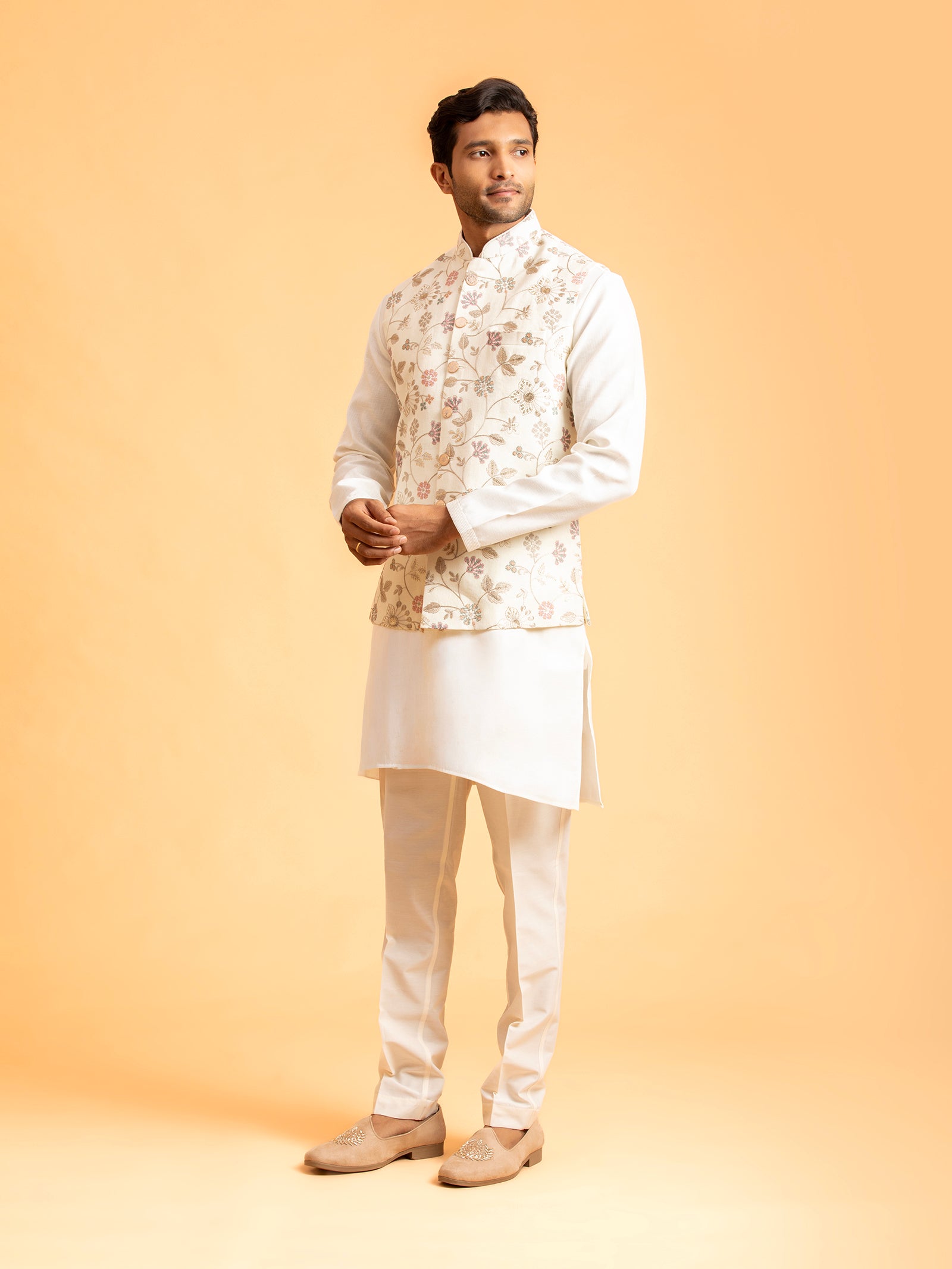 Ivory Floral Embroidered Nehru Jacket Set