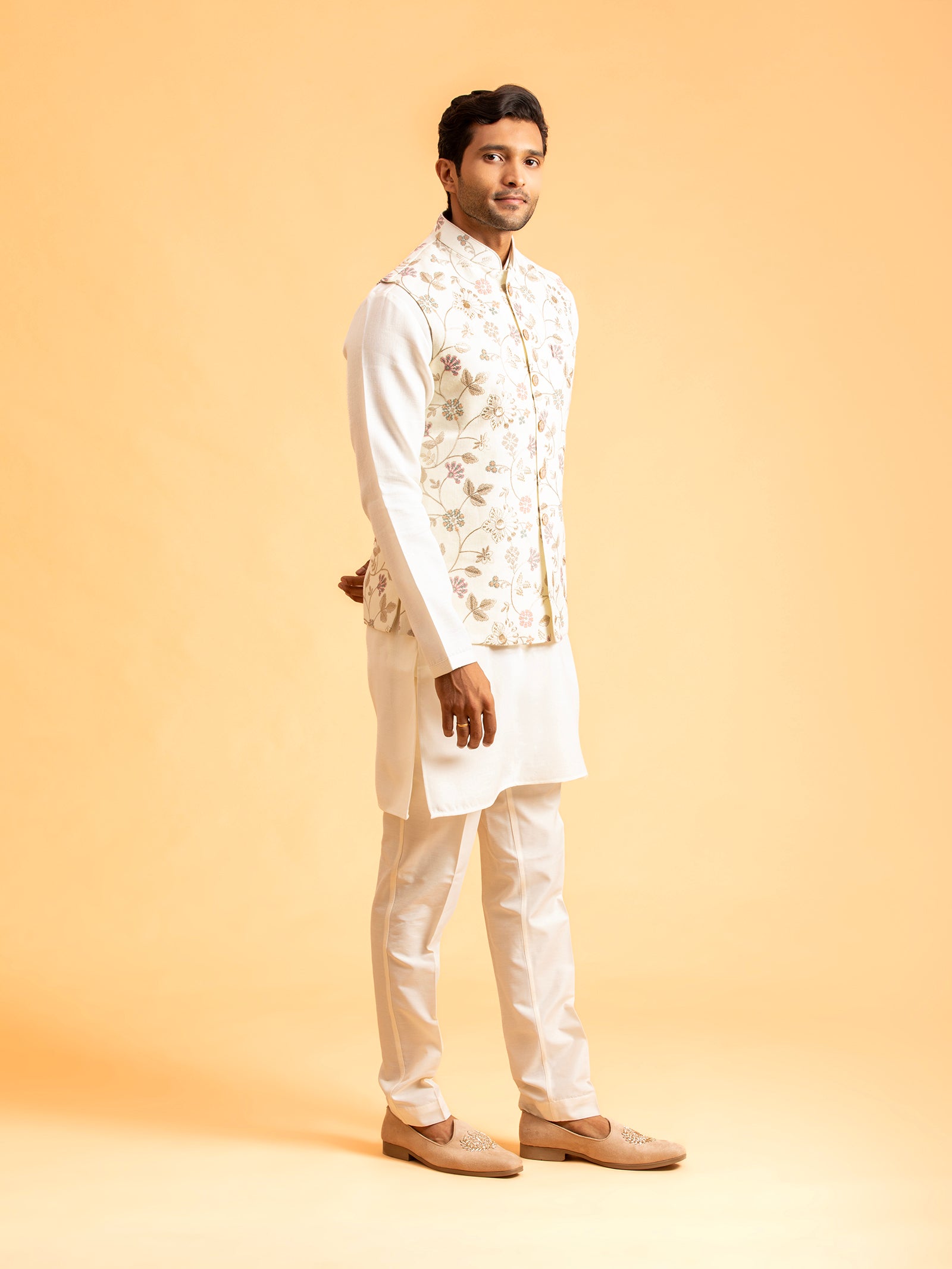 Ivory Floral Embroidered Nehru Jacket Set