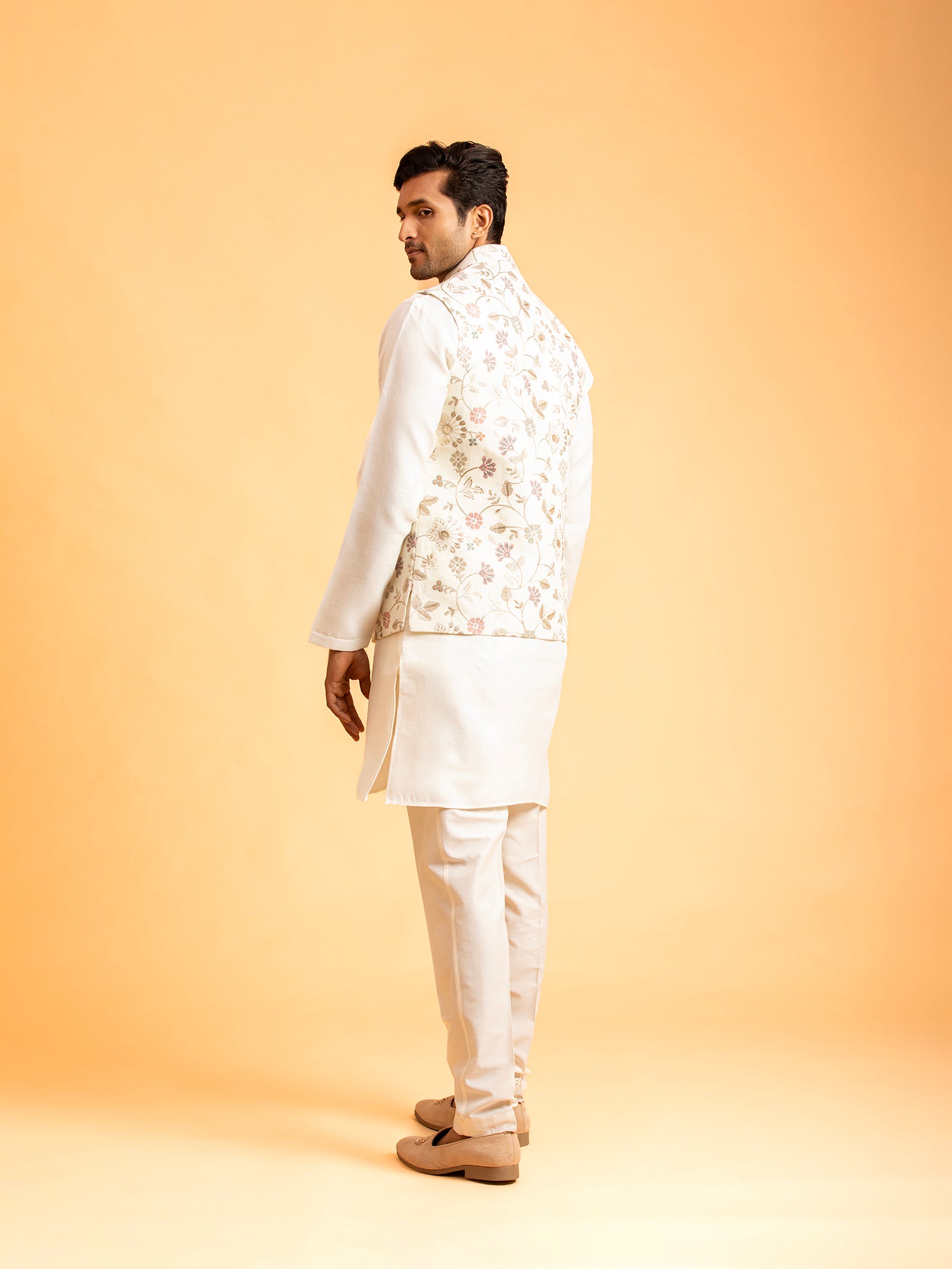 Ivory Floral Embroidered Nehru Jacket Set