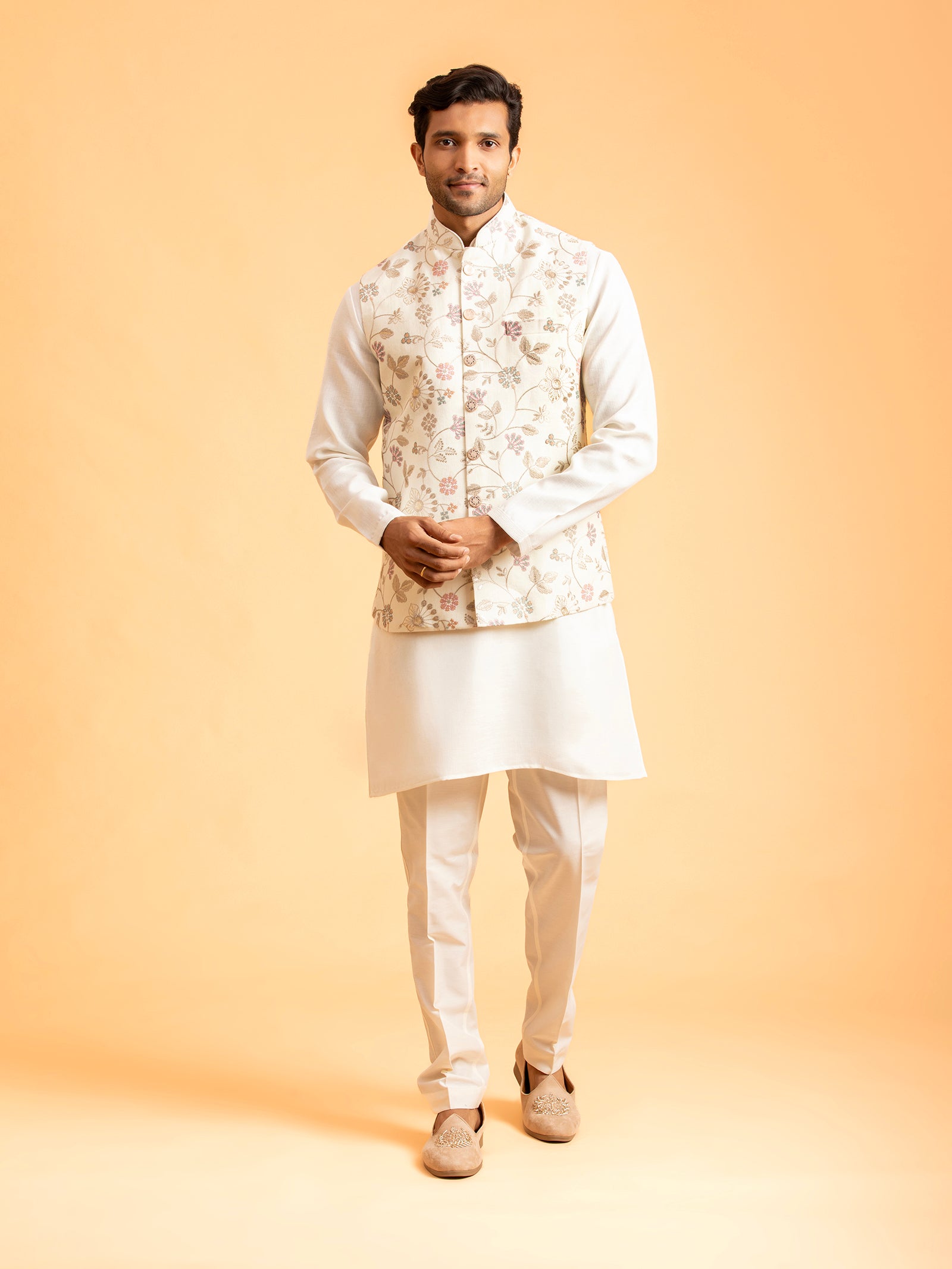 Ivory Floral Embroidered Nehru Jacket Set