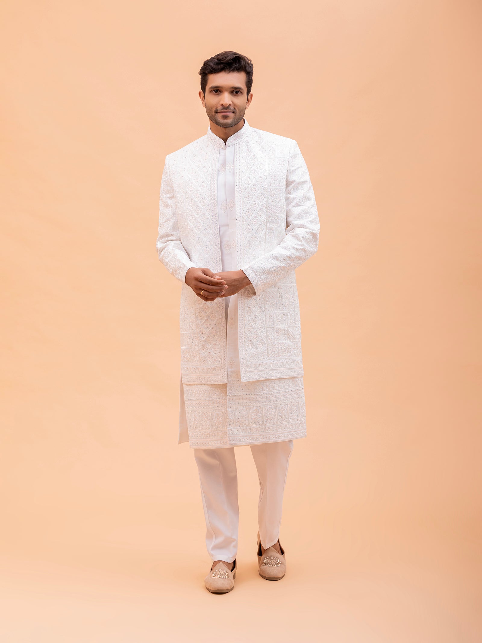 White Ornate Threadwork Sherwani Set