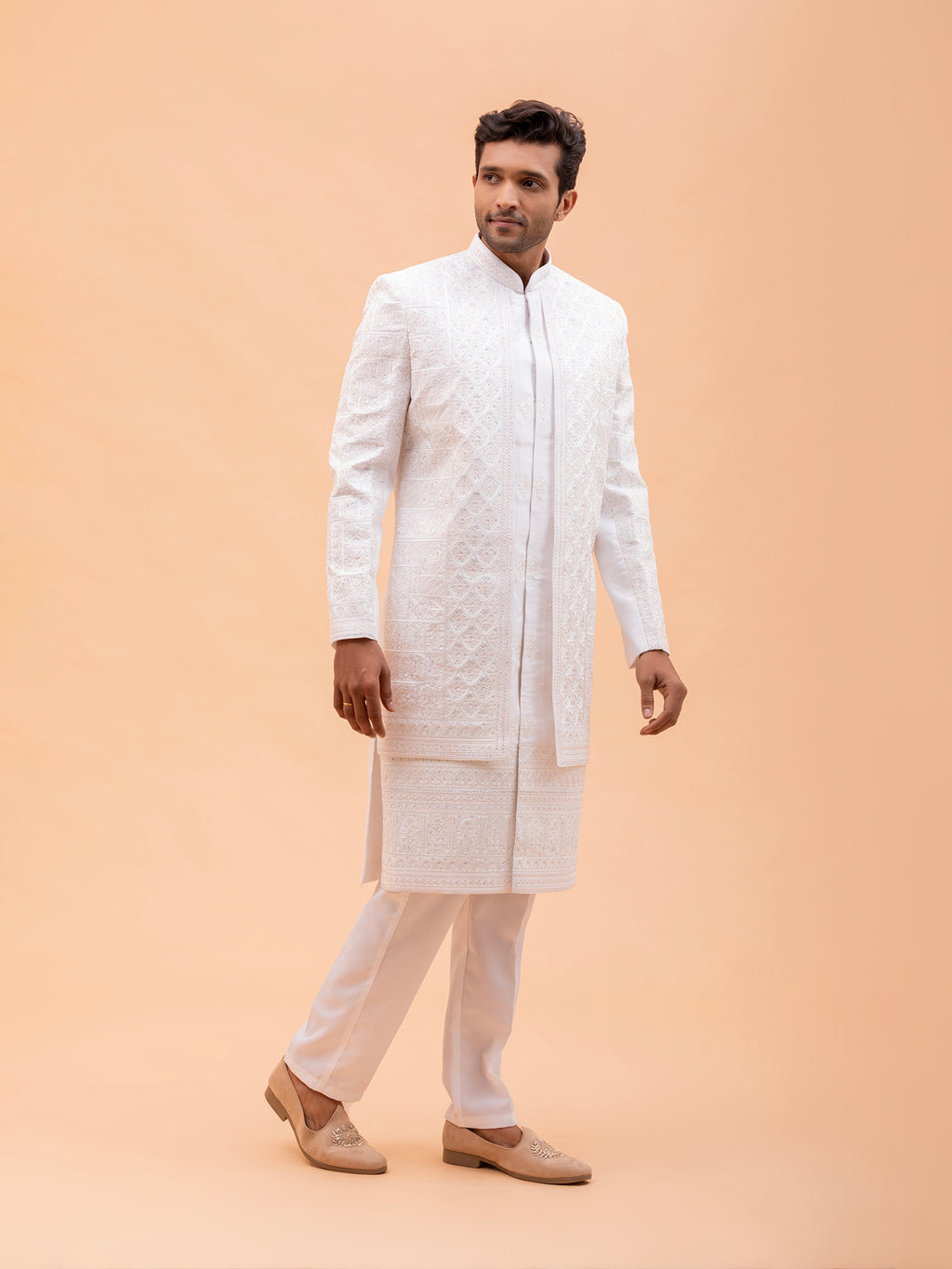 White Ornate Threadwork Sherwani Set