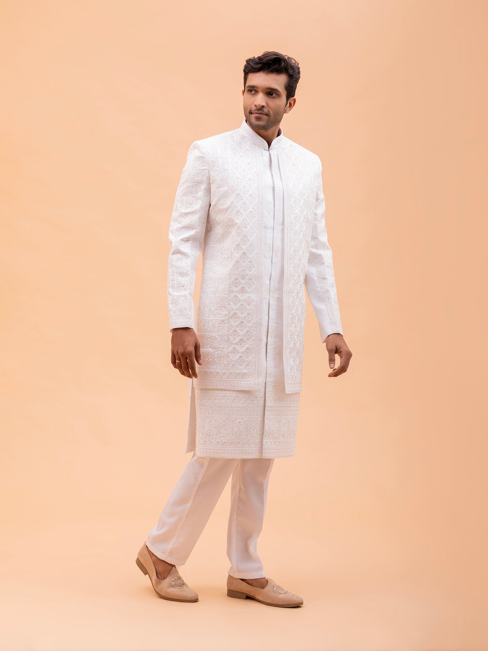 White Ornate Threadwork Sherwani Set