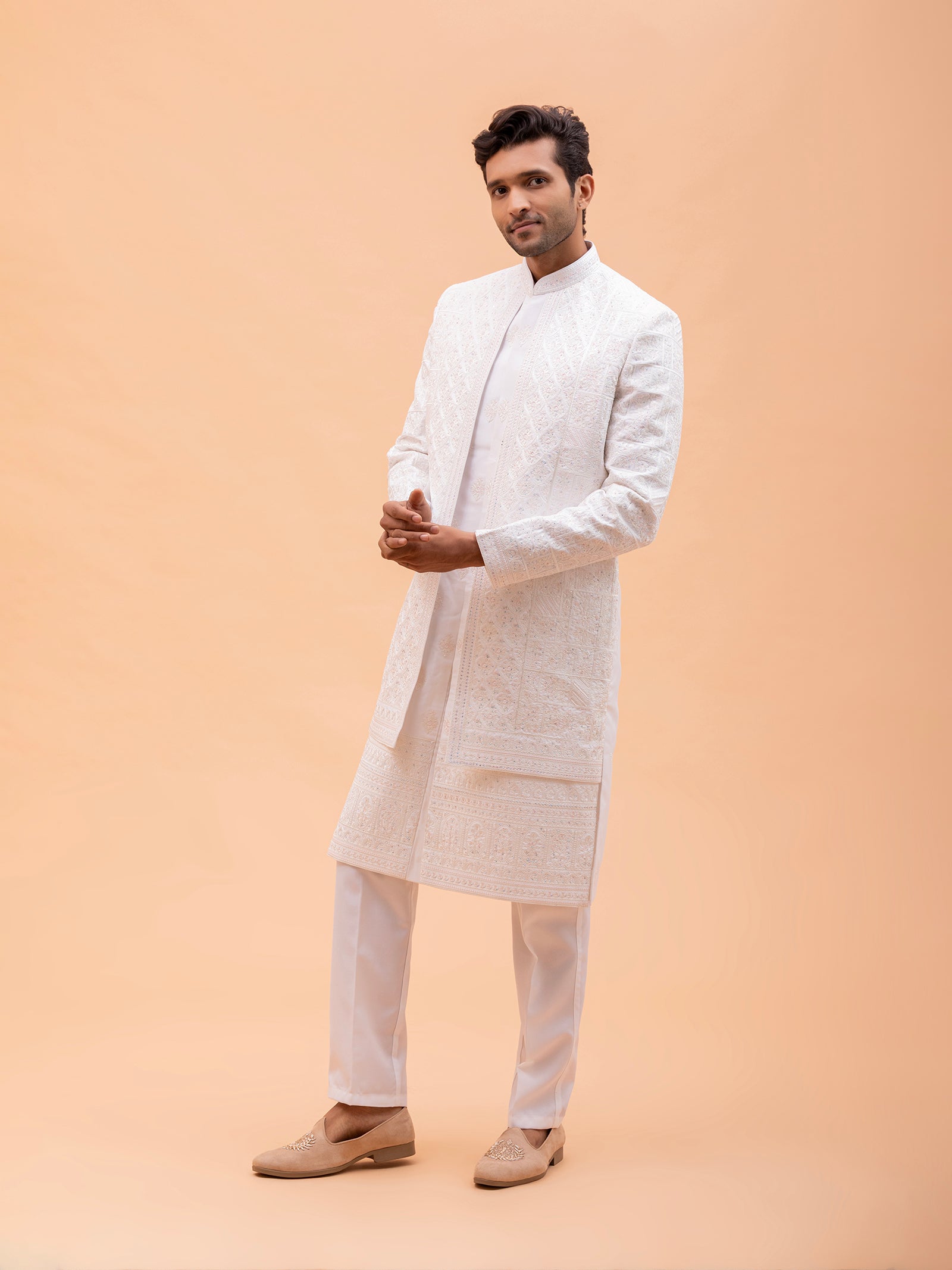 White Ornate Threadwork Sherwani Set
