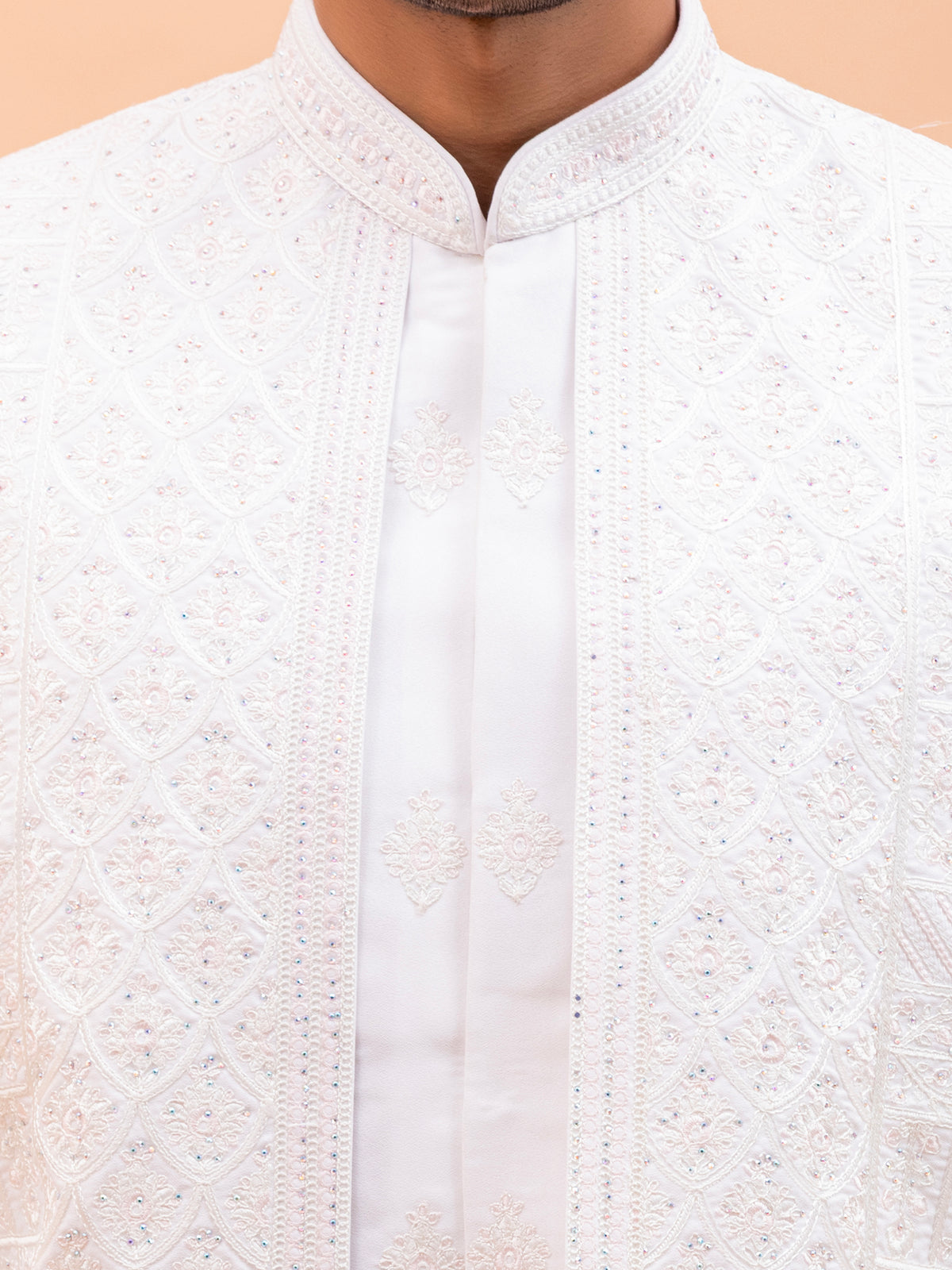 White Ornate Threadwork Sherwani Set