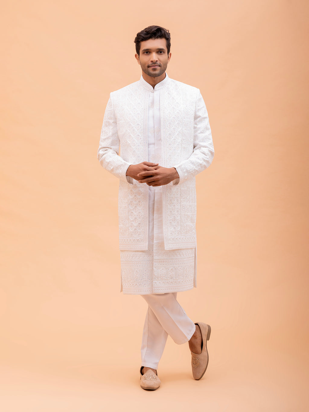 White Ornate Threadwork Sherwani Set