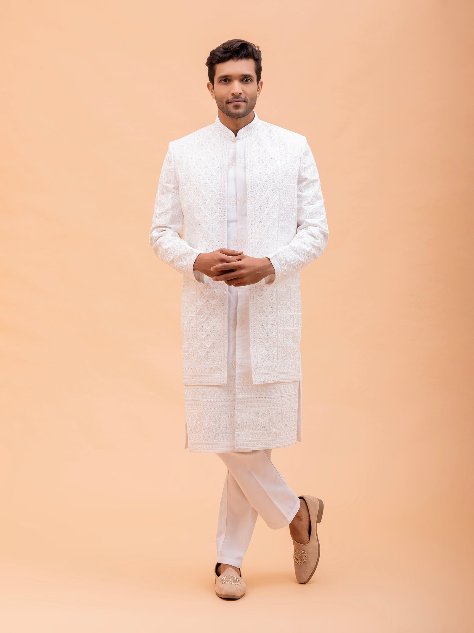 White Ornate Threadwork Sherwani Set