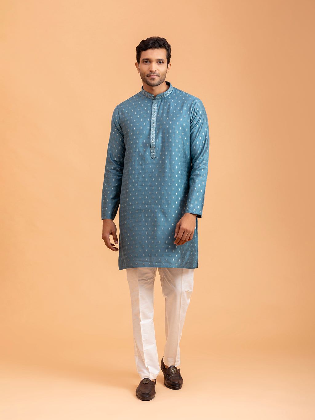 Azure Diamond-Motif Brocade Kurta Set