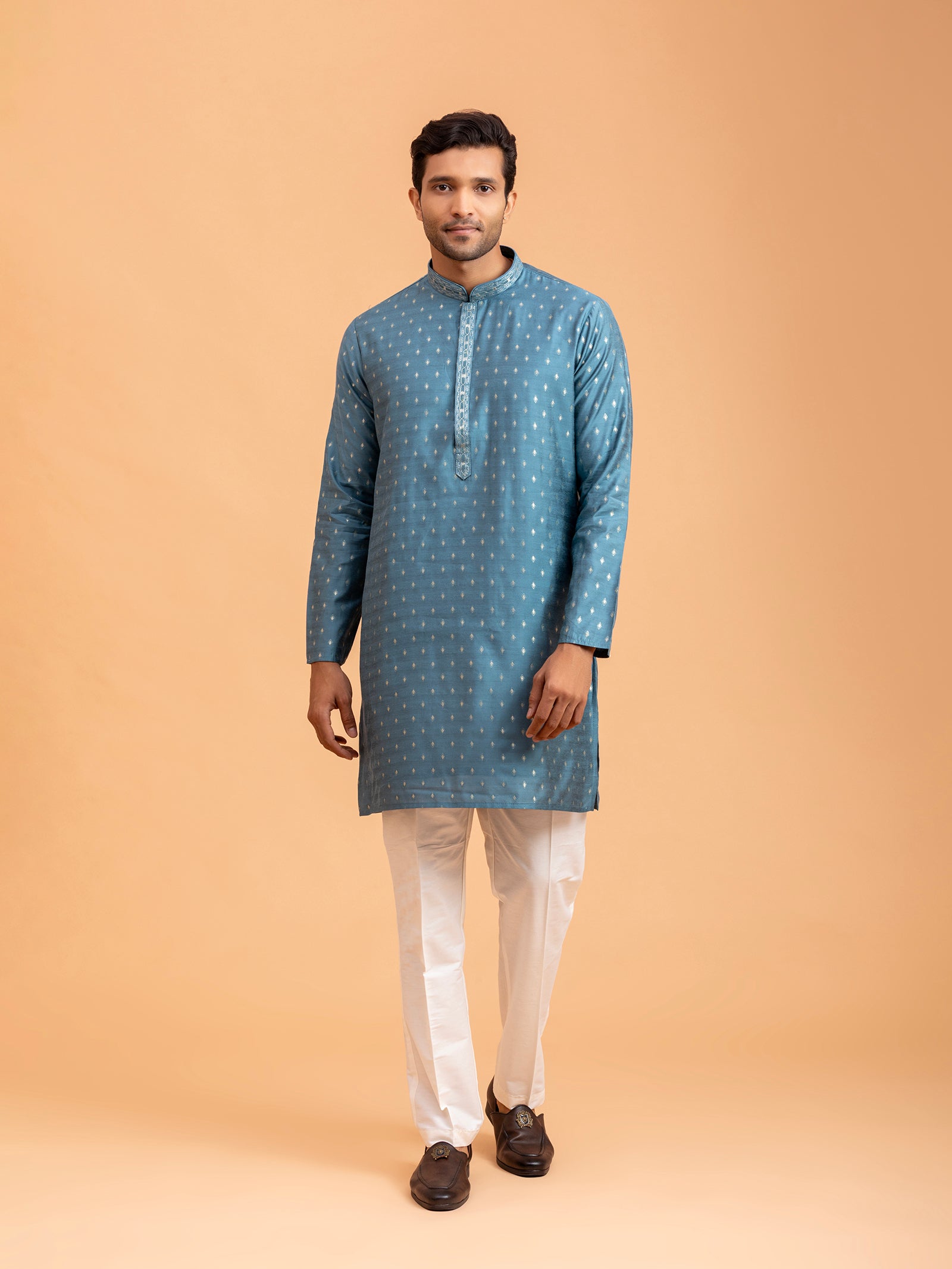 Azure Diamond-Motif Brocade Kurta Set