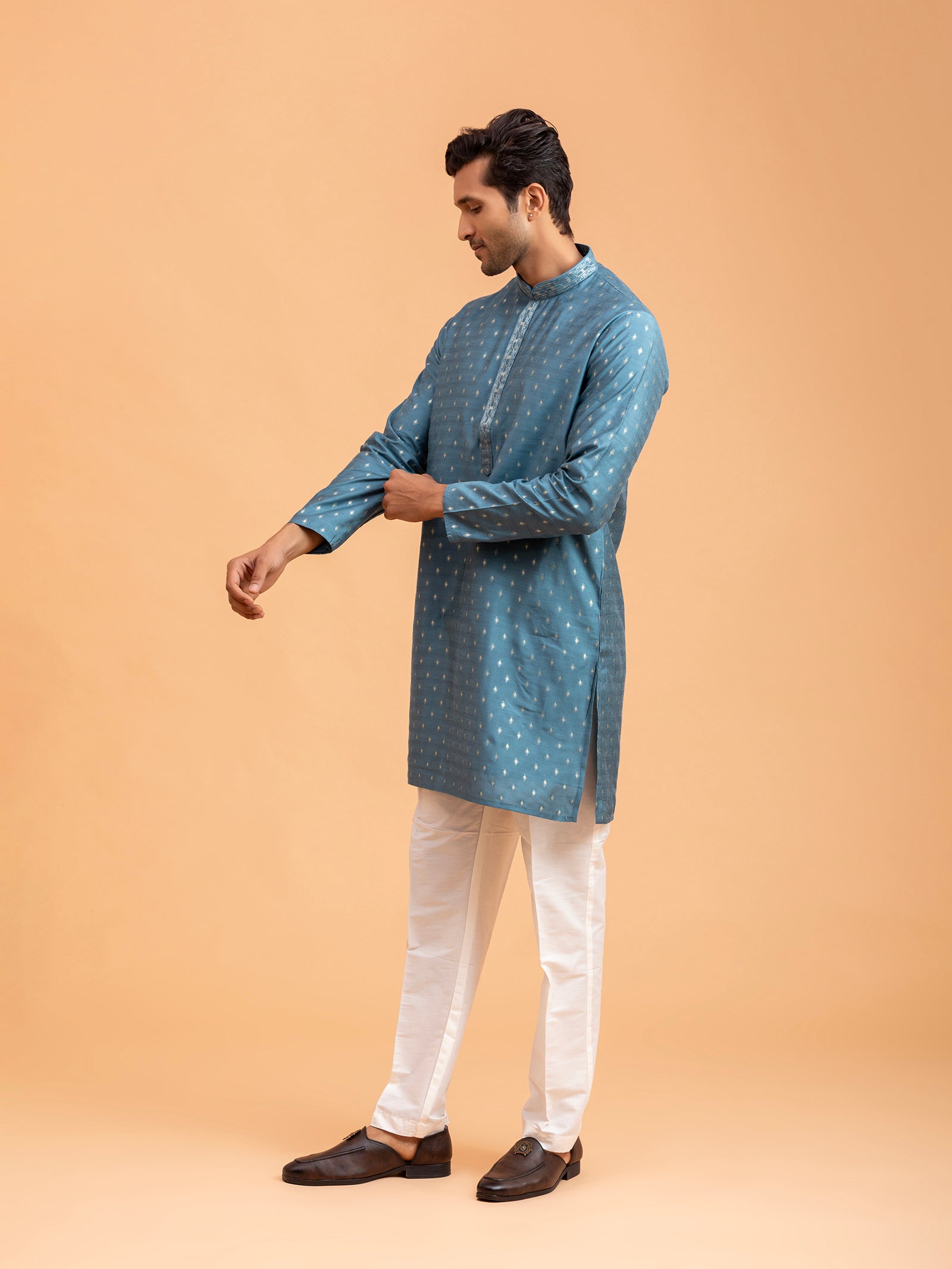Azure Diamond-Motif Brocade Kurta Set