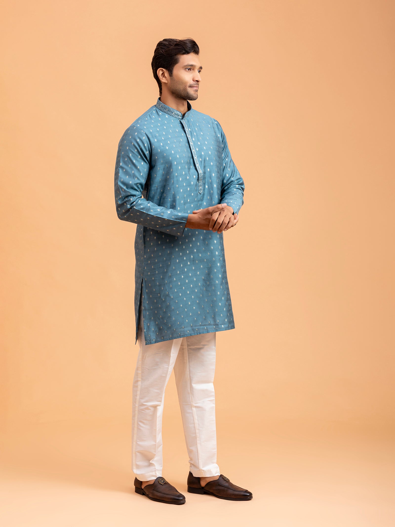 Azure Diamond-Motif Brocade Kurta Set