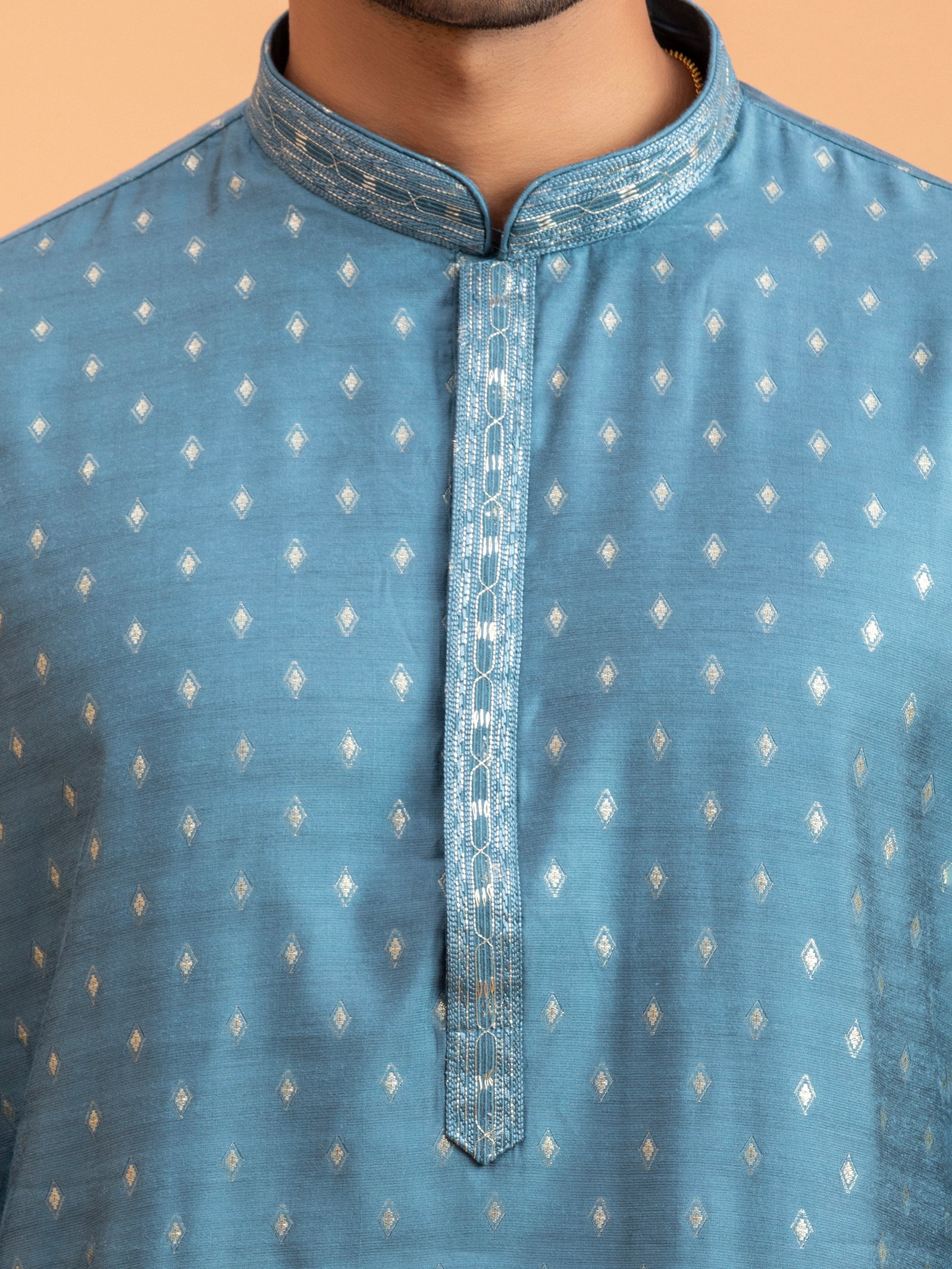 Azure Diamond-Motif Brocade Kurta Set