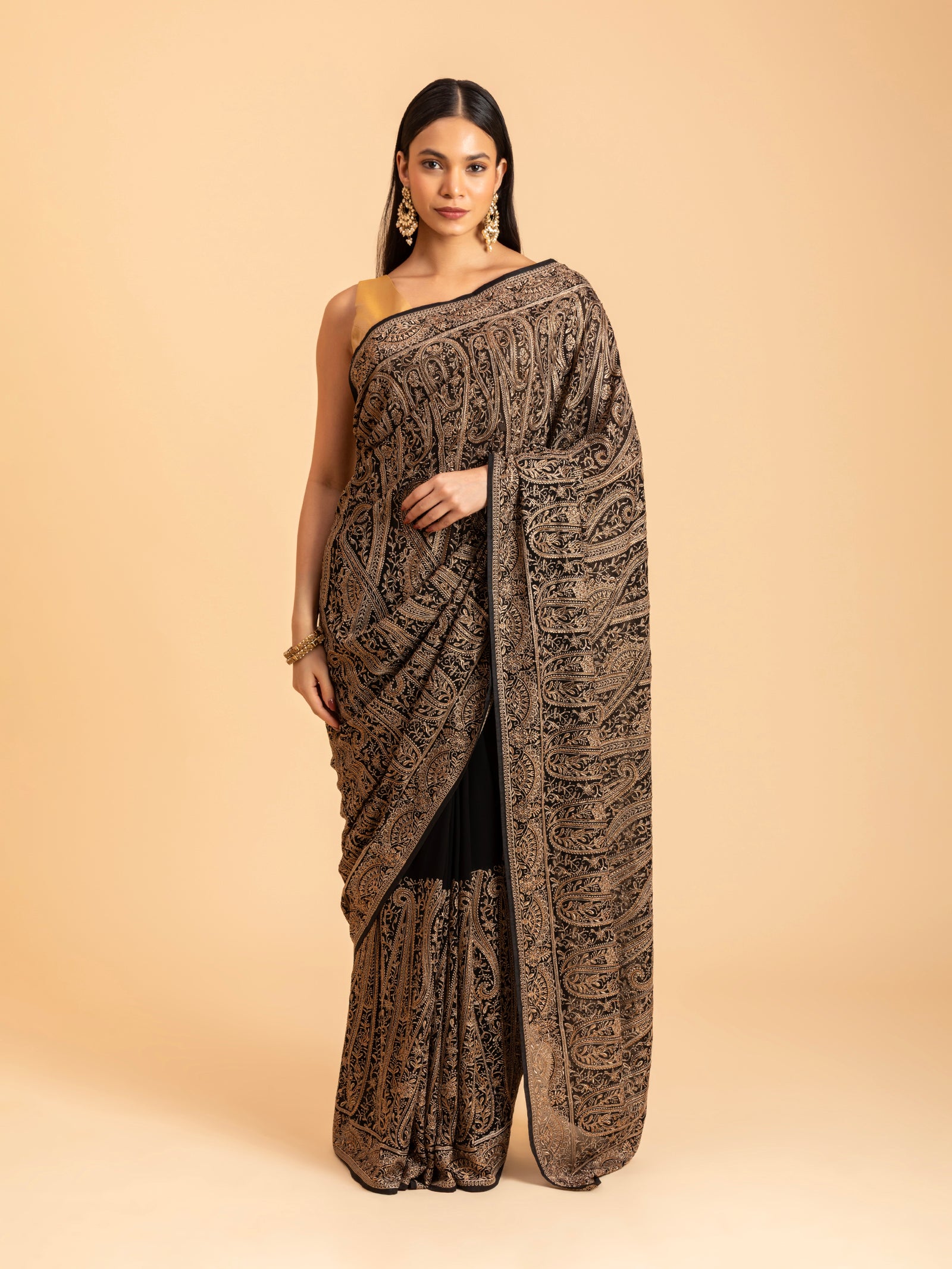 Charcoal Black Paisley Filigree Saree