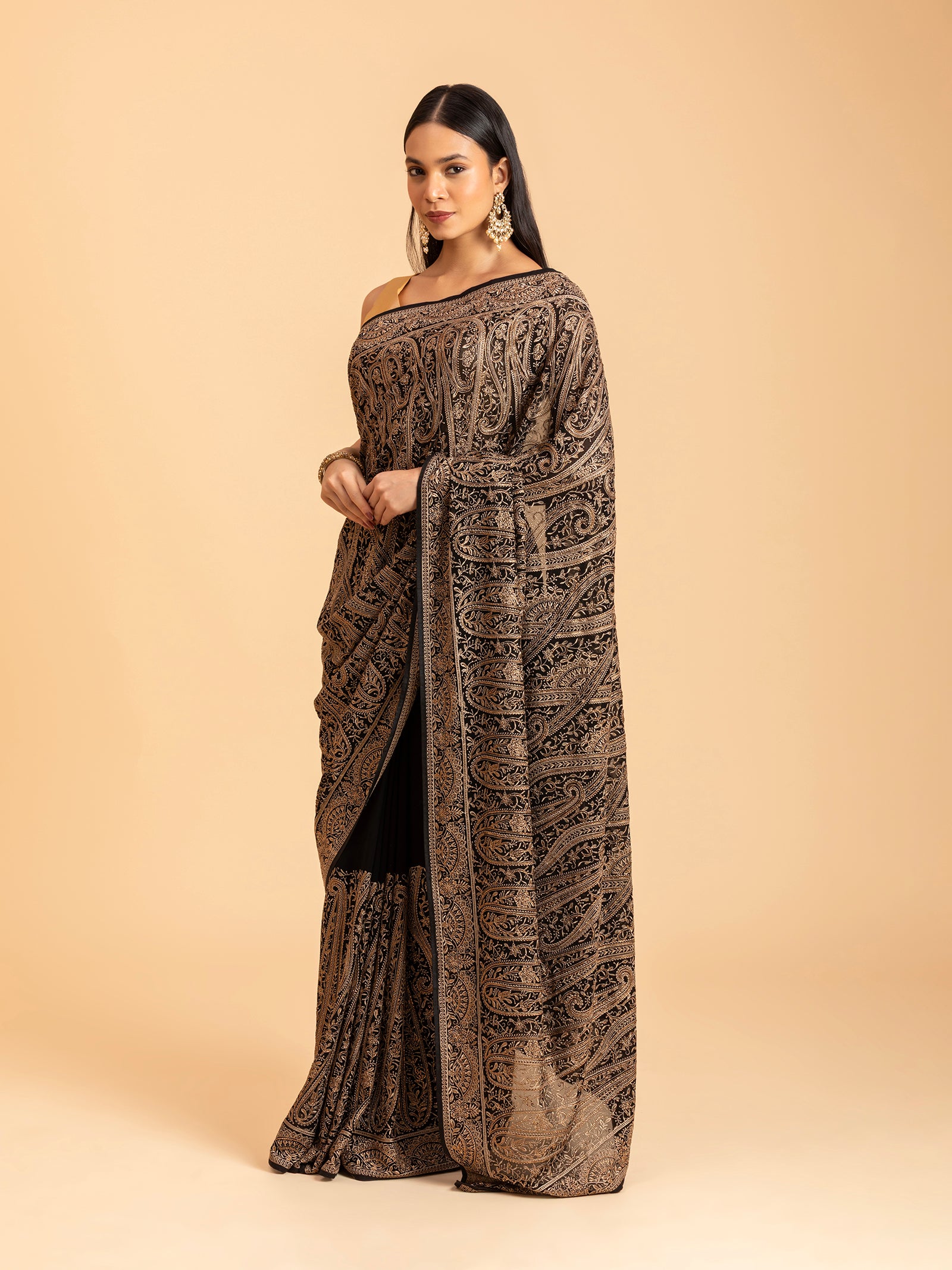 Charcoal Black Paisley Filigree Saree