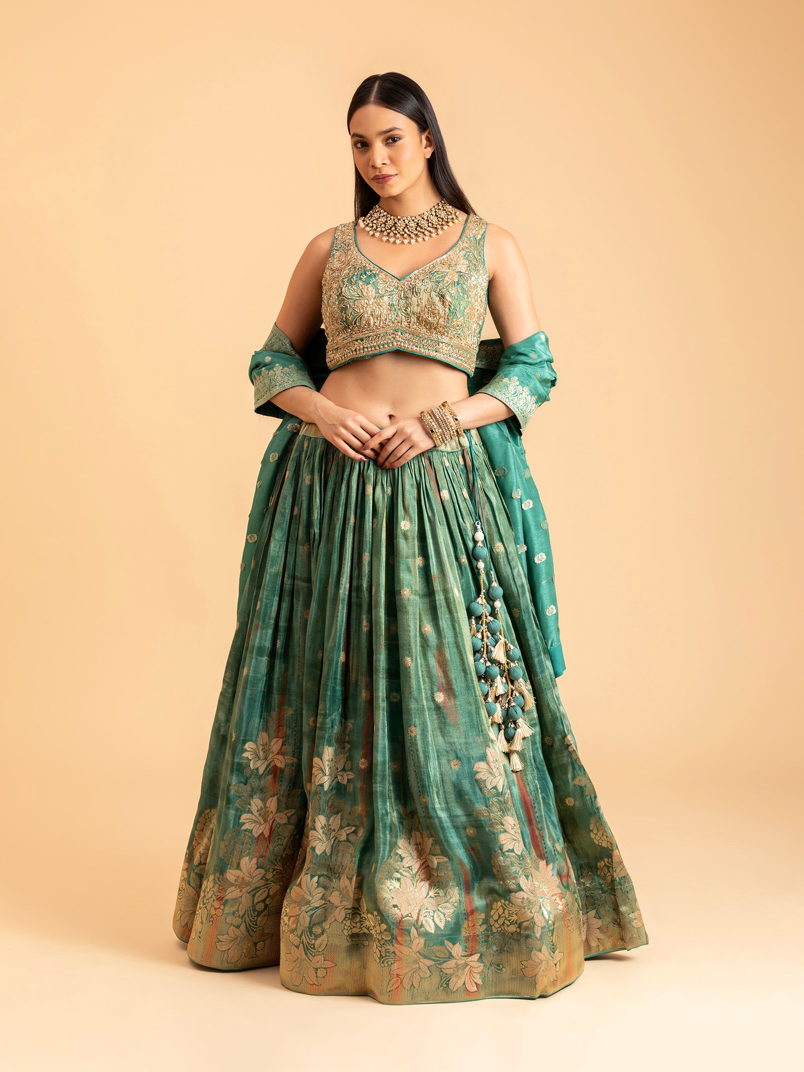 Seafoam Sage Floral Banarasi Lehenga