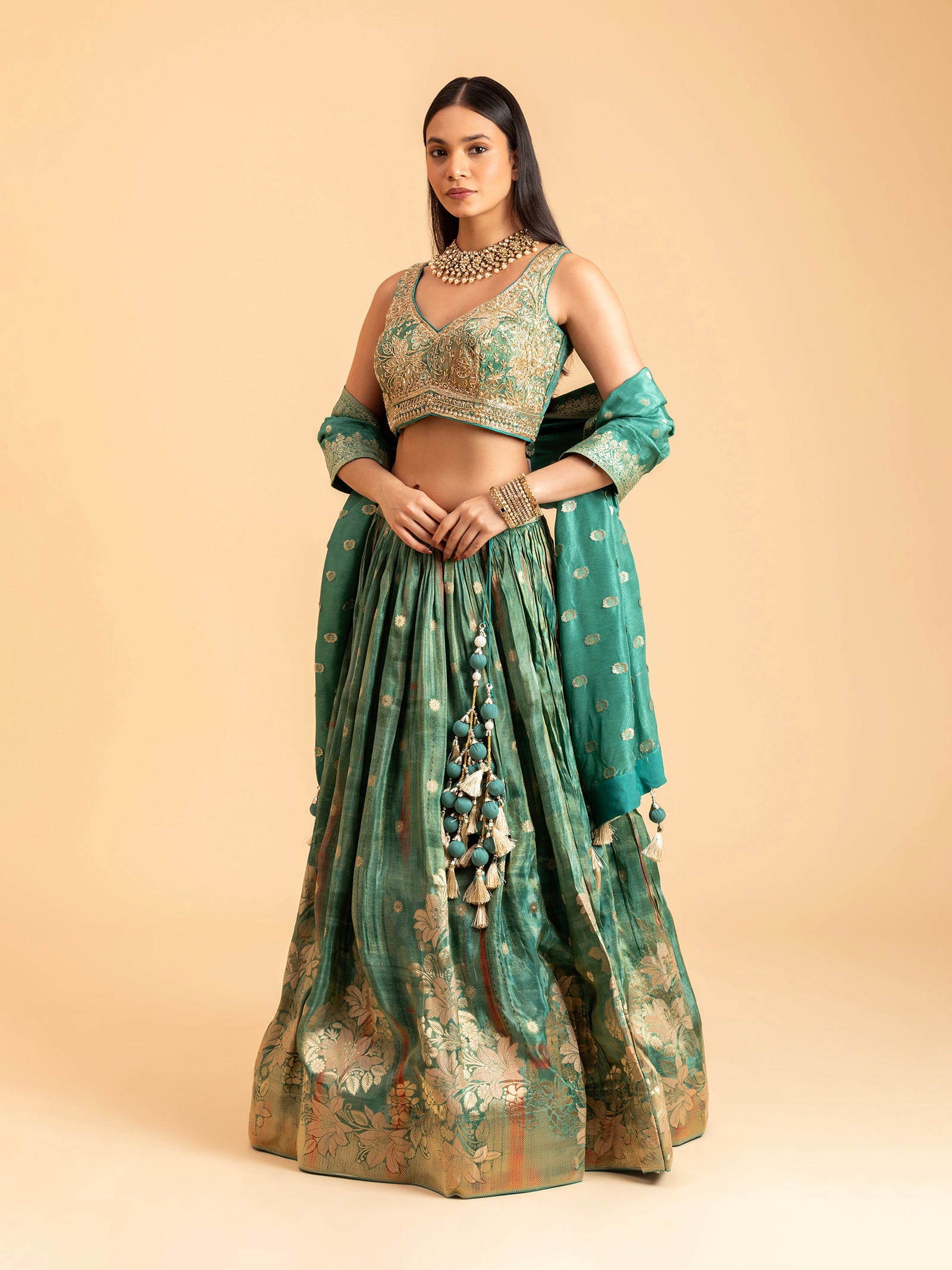 Seafoam Sage Floral Banarasi Lehenga