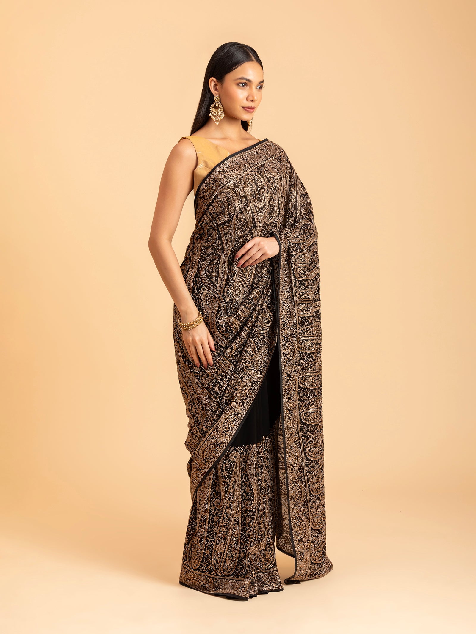 Charcoal Black Paisley Filigree Saree