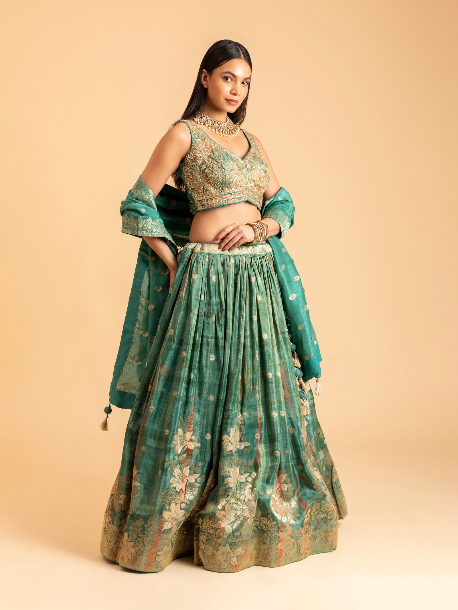 Seafoam Sage Floral Banarasi Lehenga