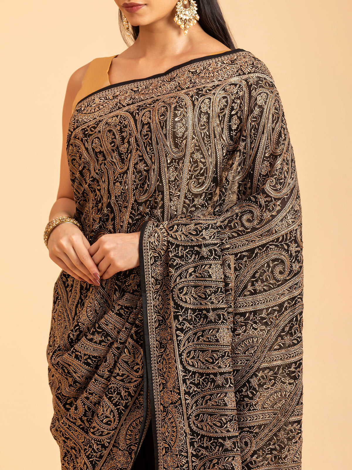 Charcoal Black Paisley Filigree Saree