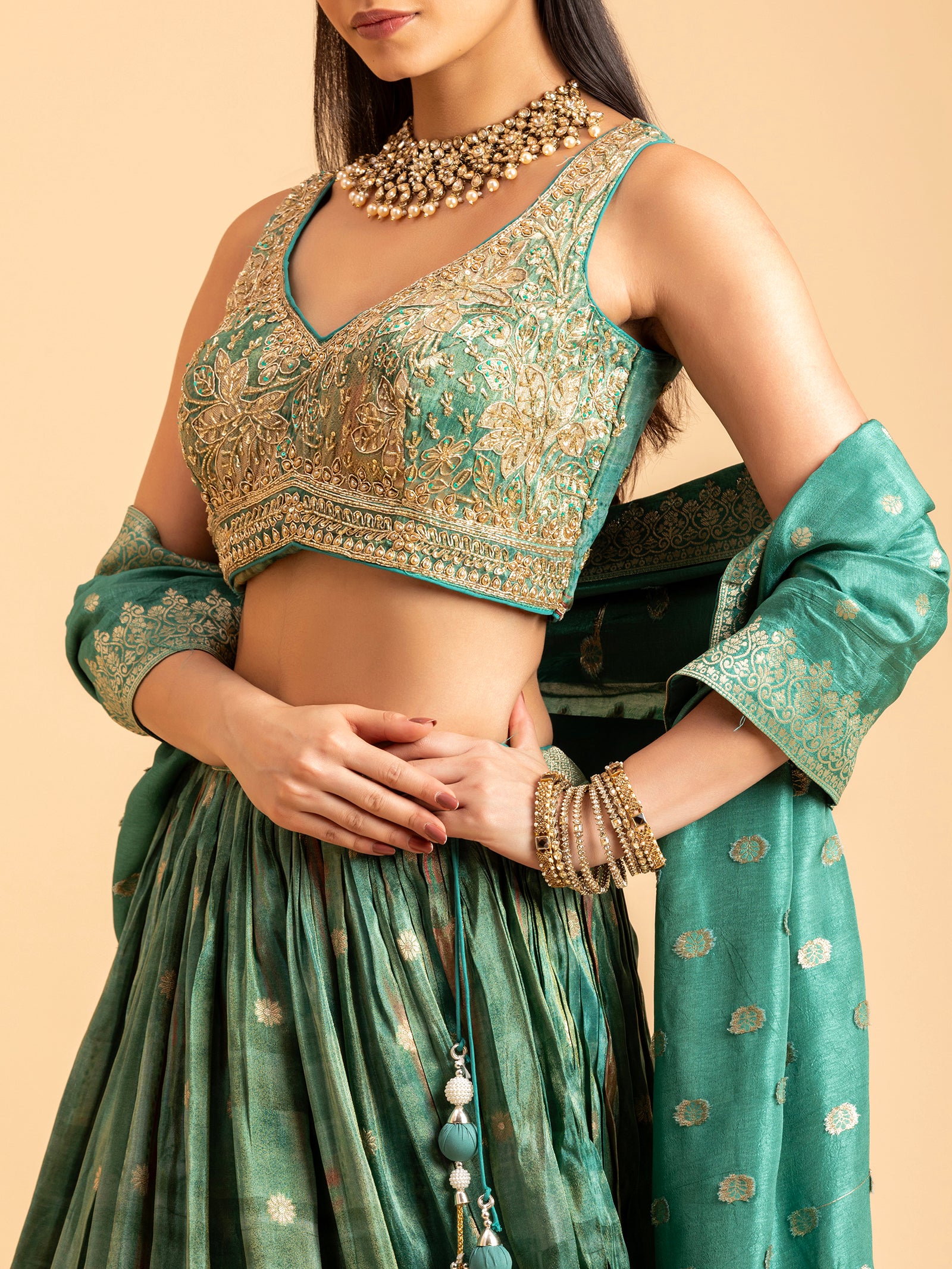 Seafoam Sage Floral Banarasi Lehenga