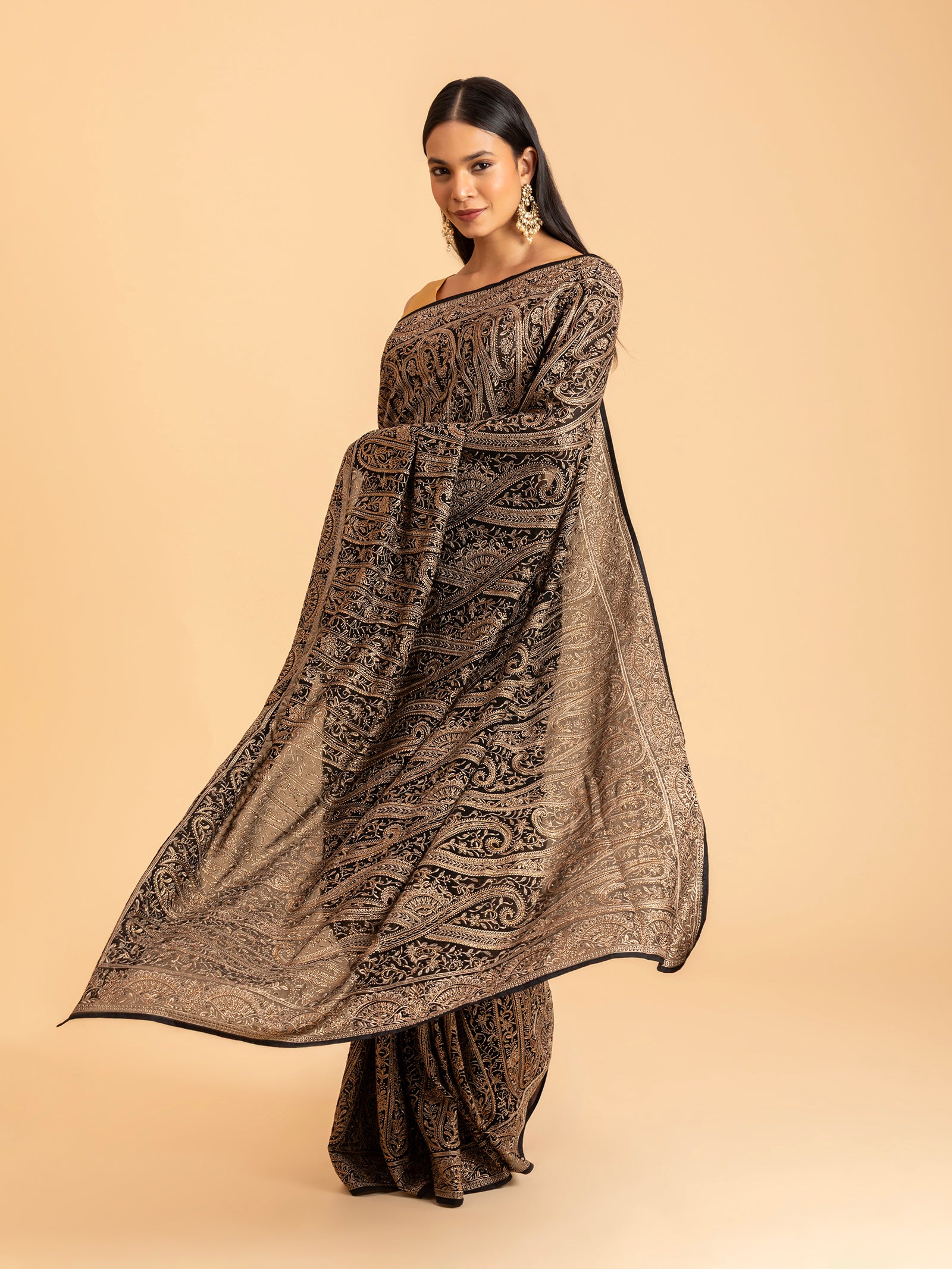 Charcoal Black Paisley Filigree Saree