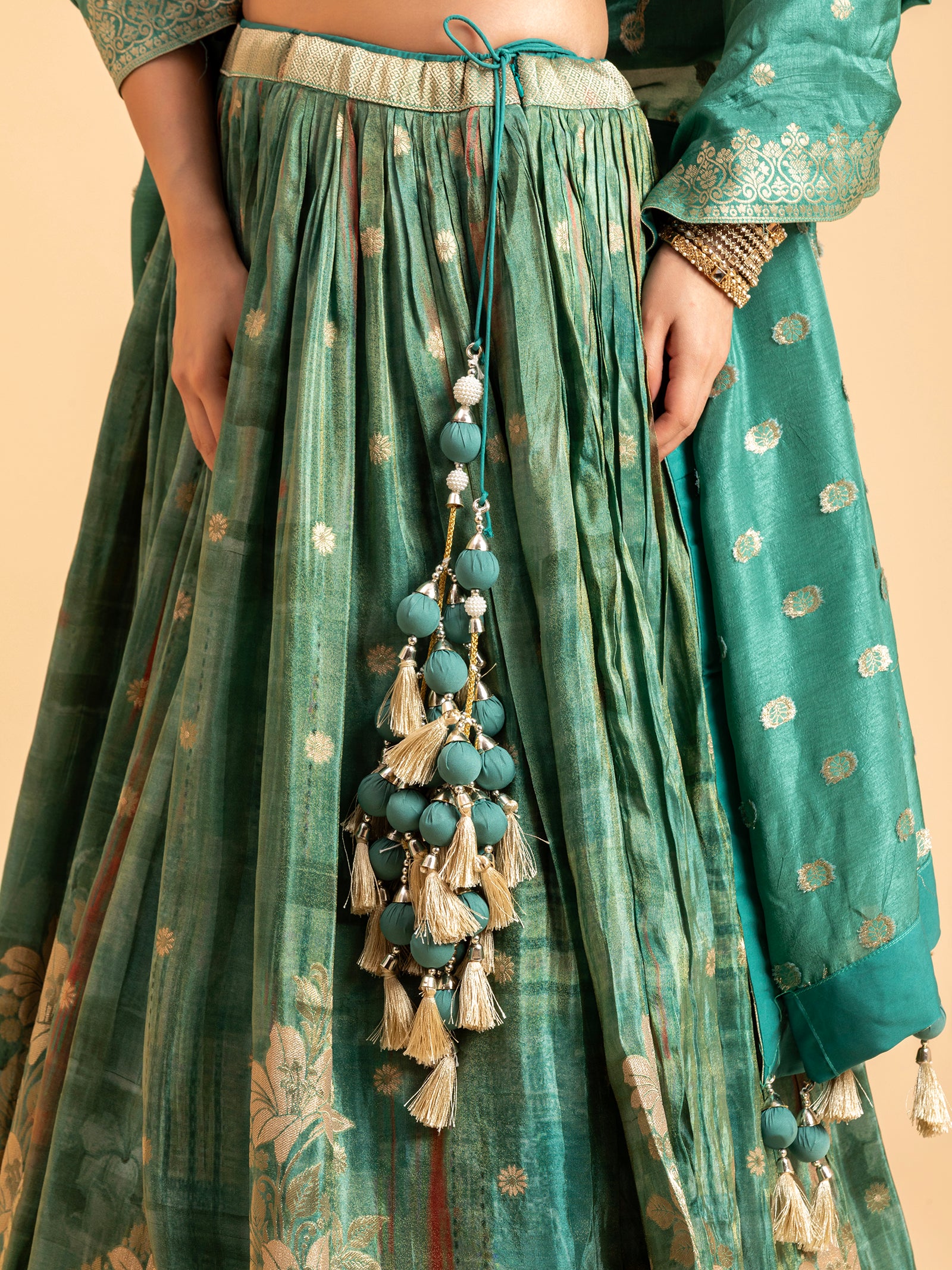 Seafoam Sage Floral Banarasi Lehenga