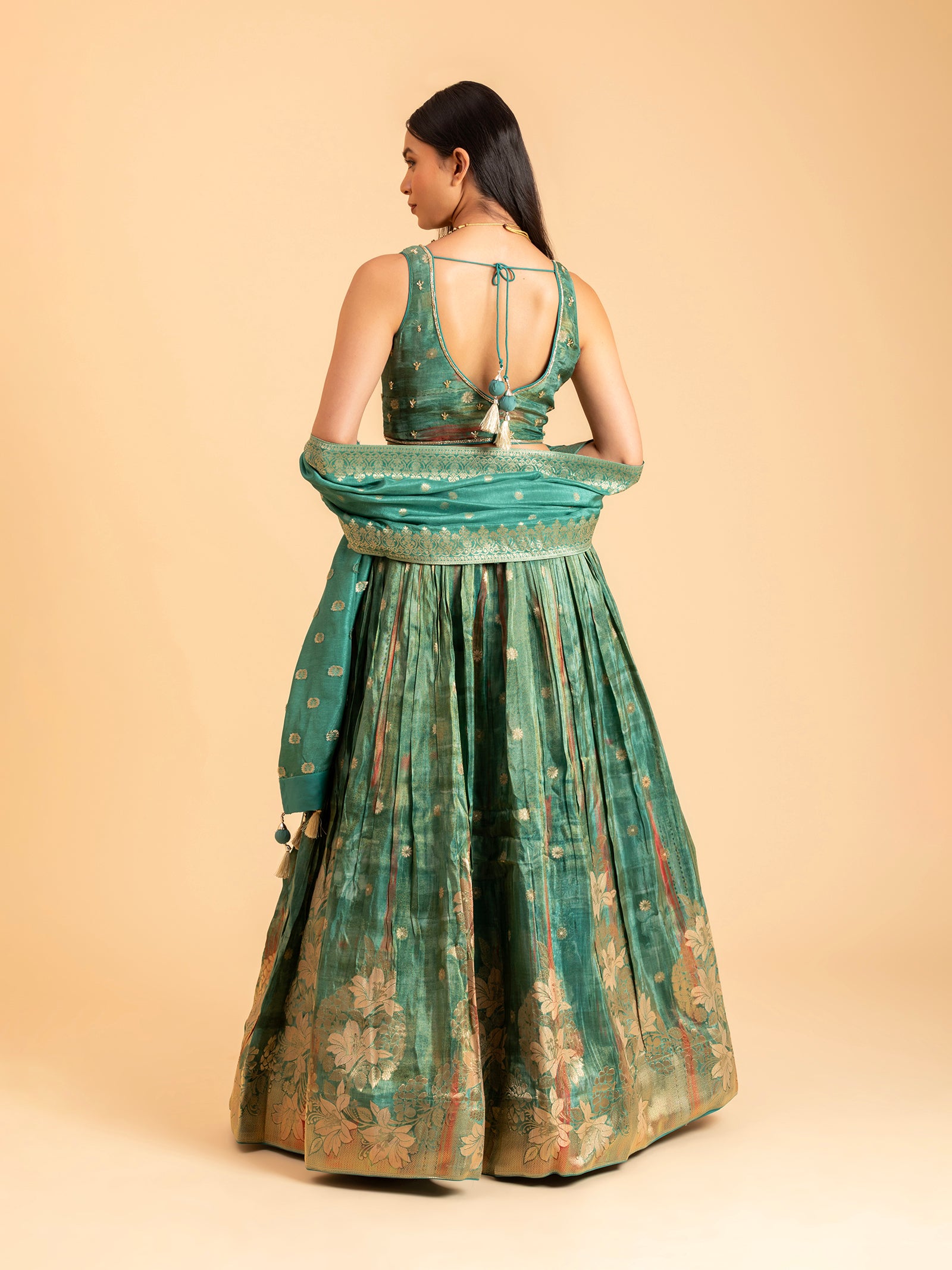 Seafoam Sage Floral Banarasi Lehenga